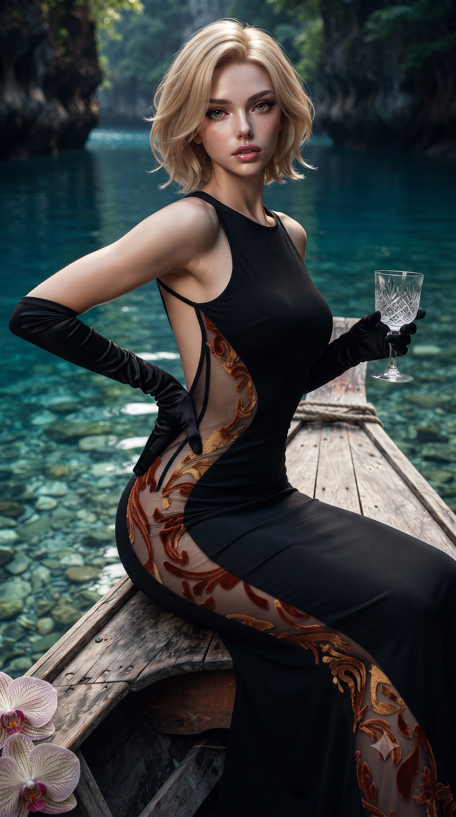 score_9, masterpiece, best quality, ultra-detailed, high-budget anime keyframe, editorial fashion photography, tasteful artistic composition, Caucasian woman. close-up cowboy shot from the waist and thighs up, the character dominates the composition, filling the frame with her large presence. resting one manicured hand delicately on her hip bone, her upper body turning in a fluid, seductive S-curve while parted lips glisten in the light while sitting on the bow of a wooden longtail boat moored in a hidden limestone gorge, arching her spine as crystal-clear sapphire-blue river water winds beneath her. The surrounding environment is rendered in vivid detail and crisp panoramic clarity. sharp wooden boat plank texture, clear riverbed pebbles visible through glass-clear water, and orchid petal veins in deep focus. She has an exceptionally elegant, slender, and willowy female figure with an ultra-slim waist, flat toned midriff, narrow ribcage, and sculpted feminine hips creating an alluring, slim hourglass silhouette without bulk. sharp v-shaped jawline, high-bridge nose, intricate jewel-like eyes with depth, thick eyelashes, glossy parted lips with a natural sheen, intensely captivating and seductive bedroom-eyes expression, flawlessly proportioned anatomical accuracy, strict slender model proportions, natural body alignment, perfectly sculpted long slender limbs, ultra-slim waistline, clean dynamic posture without body distortion. wearing a second-skin black silk jersey maxi dress with asymmetrical sheer mesh side panels tracing the full curve of her hip in molten desert gold and burnt terracotta, made of sheer contouring power-mesh with velvet flocking patterns, accessorized with opera-length satin gloves and a vintage crystal glass, the precision-cut side openings and low-back scoop framing her graceful spine and the sensual sweep of her slim, toned hips. illuminated by intense sapphire water surface caustics carving her razor-sharp jawline, narrow waist, and curvy hips. ultra-reflective glossy finish, specular highlights, rich textural contrasts, high-contrast stereoscopic depth, volumetric dynamic lighting, 2k, ultra detail, master piece, 9:16 ratio