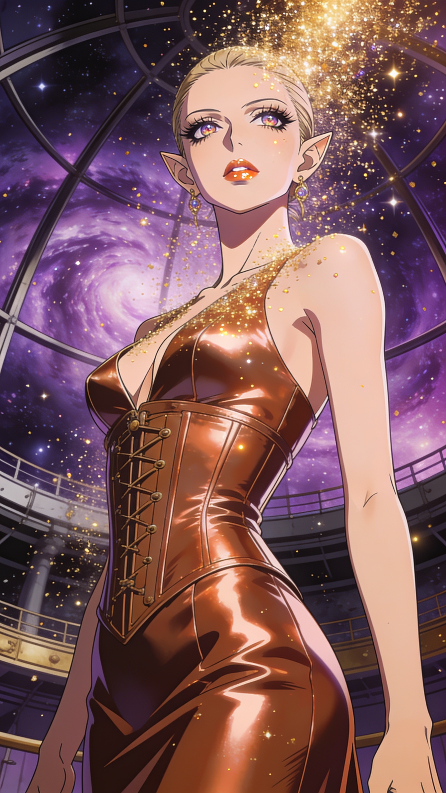 score_9, masterpiece, best quality, ultra-detailed, High-budget Anime Keyframe, Caucasian woman, strictly human ears. Low angle cowboy shot filling the entire 9:16 frame with her statuesque presence. Scenario 485: showering under a cascade of glittering gold stardust inside a high-altitude observatory dome under a swirling violet nebula. Her presence is magnetic and overpowering in this high-budget anime scene. Outfit 485: a tailored metallic copper matte vinyl corset dress layered over a structured corset bodice. The clothing is designed to emphasize her exceptionally tall and slender 8-heads proportion. 8-heads proportion, towering silhouette, ultra-slim waist. sharp v-shaped jawline, intricate jewel-like eyes with depth, thick eyelashes, glossy lips. 2k, ultra detail, master piece, 9:16 ratio
