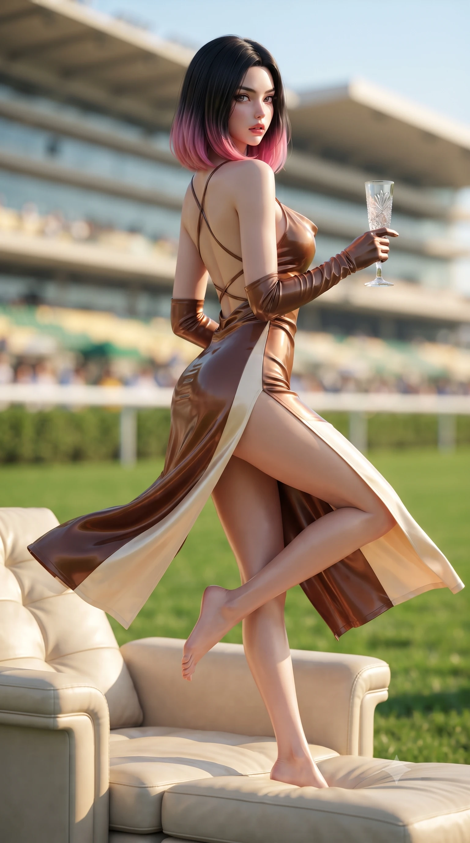 score_9, masterpiece, best quality, ultra-detailed, high-budget anime keyframe, editorial fashion photography, tasteful artistic composition, Korean woman. low angle full-body shot from head to toe showing her feet, filling the entire 9:16 vertical frame with her statuesque presence, stretching her vertical silhouette. executing an elegant mid-motion pivot turn as garments swirl around her slender limbs, glancing over her shoulder with an intoxicating bedroom-gaze while perching on the armrest of a plush cream leather lawn lounger with legs crossed, arching her lower back while holding a crystal champagne flute. The composition keeps background elements in soft focus with creamy bokeh. emerald green turf racetracks and towering grandstand banners blurred into vibrant clover, champagne-gold, and sky-blue bokeh. She has an exceptionally tall and slender model-like 8.5-heads proportion, an ultra-slim waist, a flat toned midriff, narrow delicate ribcage, and beautifully sculpted feminine hips creating a graceful, slim hourglass silhouette without any bulky heaviness, with impossibly long slender legs. sharp v-shaped jawline, high-bridge nose, intricate jewel-like eyes with depth, thick eyelashes, glossy parted lips with a natural sheen, intensely captivating and seductive bedroom-eyes expression, flawlessly proportioned anatomical accuracy, strict slender model proportions, natural body alignment, perfectly sculpted long slender limbs, ultra-slim waistline, clean dynamic posture without body distortion. wearing a backless cowl-neck satin slip dress featuring high-cut side hip slits and delicate criss-cross back straps in rich equestrian cognac brown and crisp champagne cream, tailored from second-skin aerodynamic stretch vinyl with specular wet sheen, accessorized with opera-length satin gloves and a vintage crystal glass, the second-skin form-contouring cut accentuating her sculpted flat midriff, narrow delicate ribcage, and gracefully curvy hips with supermodel precision. bathed in glorious golden-hour afternoon sunlight and warm white marquee bounce fill. ultra-reflective glossy finish, specular highlights, rich textural contrasts, high-contrast stereoscopic depth, volumetric dynamic lighting, 2k, ultra detail, master piece, 9:16 ratio