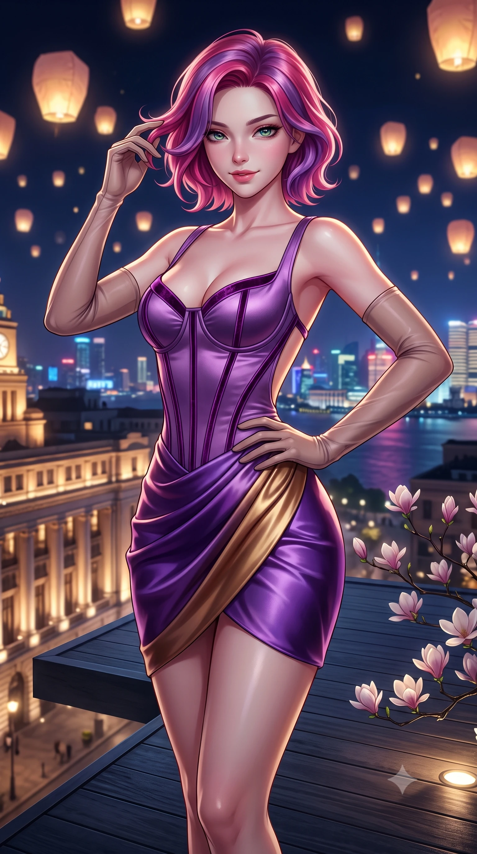 score_9, masterpiece, best quality, ultra-detailed, high-budget anime keyframe, semi-realistic 3D game render, editorial fashion photography, tasteful artistic composition, Caucasian woman. close-up cowboy shot from the waist and thighs up, the character dominates the composition, filling the frame with her large presence. twisting her slender torso in an alluring contrapposto stance, one hand resting on her sculpted hip while her fingers toy with her hair with effortless poise while standing poised on the cantilevered dark slate deck jutting out over the historic Bund colonnades, arching her lower back to emphasize her curvy hips in the night breeze. The background shows a soft-focus glowing paper lanterns softened in romantic nocturnal sky-sanctuary shallow focus. She has an exceptionally elegant, slender, and willowy female figure with an ultra-slim waist, flat toned midriff, narrow ribcage, and sculpted feminine hips creating an alluring, slim hourglass silhouette without bulk. sharp v-shaped jawline, high-bridge nose, sparkling eyes with hypnotic seductive depth, thick curled eyelashes, glossy parted lips with a natural dewy peach sheen, alluring bedroom-eyes with an enchanting coquettish smile, exuding magnetic siren charisma and sophisticated glamour, flawlessly proportioned anatomical accuracy, strict slender model proportions, natural body alignment, perfectly sculpted long slender limbs, ultra-slim waistline, clean dynamic posture without body distortion. wearing a structured boned satin corset bodice with crushed velvet piping paired with a draped tulip mini skirt in royal amethyst purple and gilded bronze, crafted from fluid liquid silk satin that clings smoothly to every curve with a dewy sheen, complemented by sheer opera-length evening gloves tracing her slender arms, the precision-cut side openings and low-back scoop framing her graceful spine and the sensual sweep of her slim, toned hips. bathed in soft 2800K low-voltage garden ground spotlights highlighting magnolia branches mixed with cool river skyline glow. highly saturated vibrant anime colors, detailed shading with soft gradients, rich glossy textures, high-contrast stereoscopic depth, volumetric dynamic lighting, master piece, 9:16 ratio