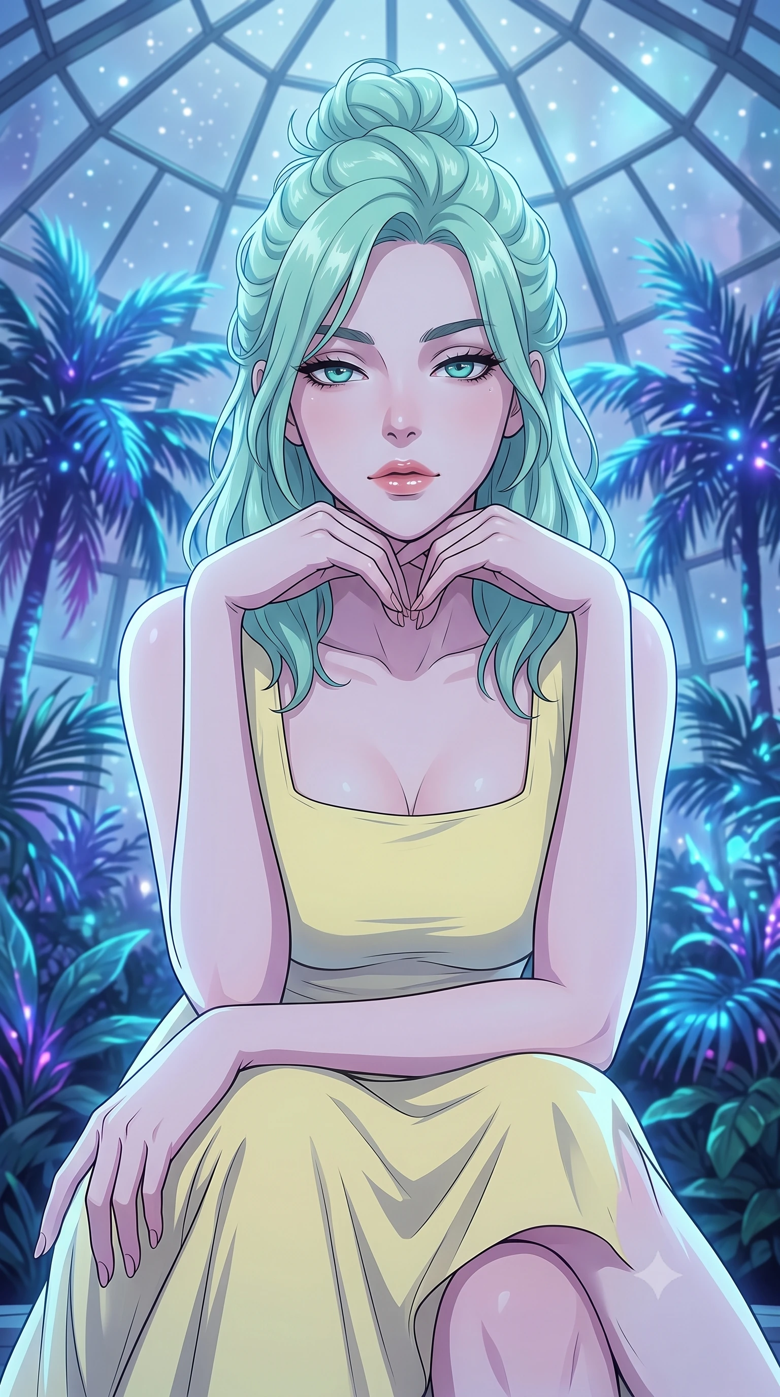 score_9, masterpiece, best quality, ultra-detailed, high-budget anime keyframe, tasteful artistic composition, Japanese woman. close-up cowboy shot from the waist and thighs up, the character dominates the composition, filling the frame with her large presence, background elements kept in soft focus. resting her chin on the backs of her fingers, casting a heavy-lidded, sultry look past the camera the background shows a soft-focus a geodesic glass greenhouse dome filled with glowing bioluminescent tropical palms. She has an exceptionally elegant, slender, and willowy female figure with an ultra-slim waist, a gracefully sculpted slender torso, and a refined silhouette. sharp v-shaped jawline, high-bridge nose, intricate jewel-like eyes with depth, thick eyelashes, glossy lips with a natural sheen. wearing a form-contouring casual summer sundress in pale yellow cotton with a simple square neckline. opal silver starlight filtering through the glass ceiling, creating a cool ambient atmosphere. highly saturated vibrant anime colors, cel-shading, 2d style, master piece, 9:16 ratio