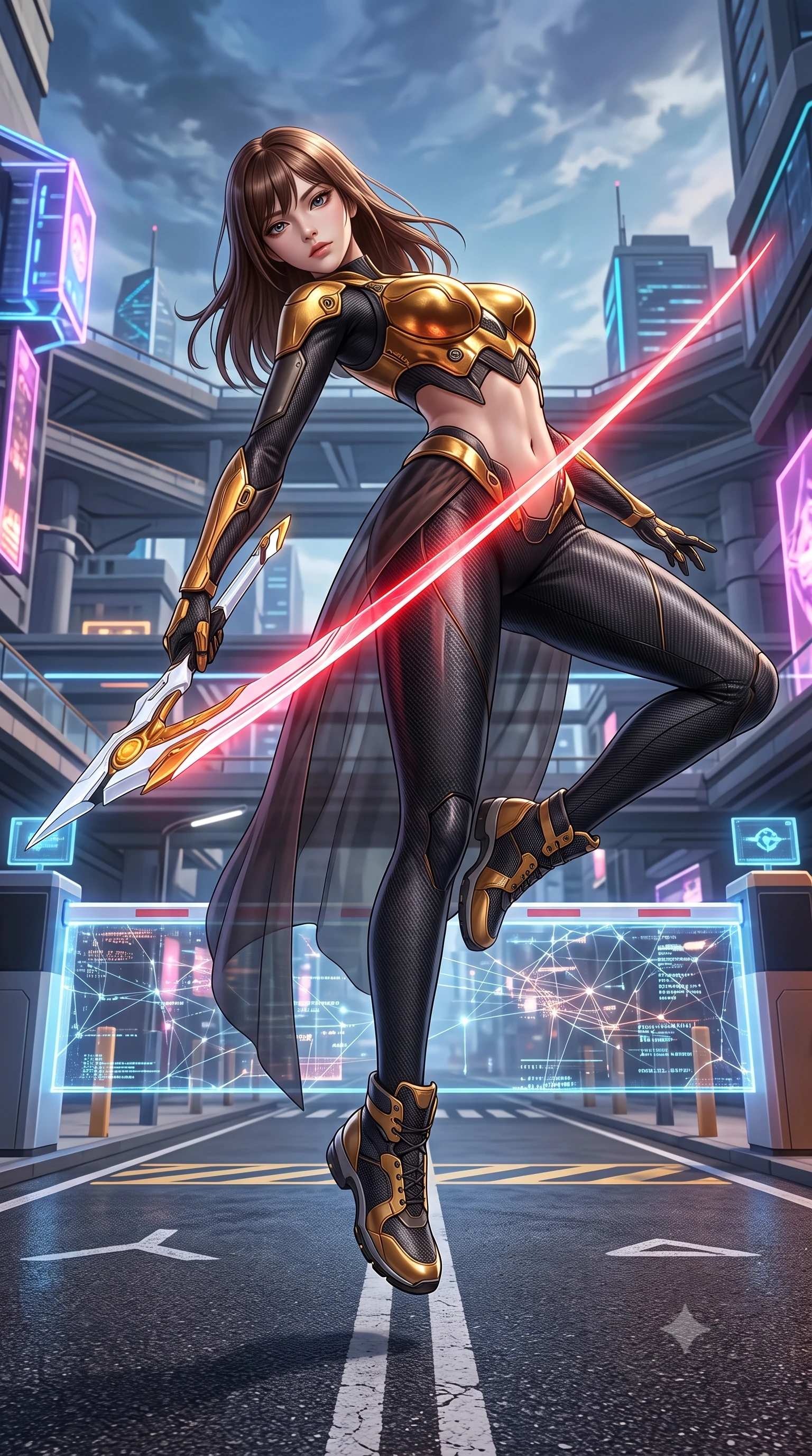 score_9, masterpiece, best quality, ultra-detailed, high-budget anime keyframe, semi-realistic 3D game render, editorial fashion photography, tasteful artistic composition, Korean woman. low angle full-body shot from head to toe showing her feet, filling the entire 9:16 vertical frame with her statuesque presence, stretching her vertical silhouette. performing an alluring mid-air combat landing with flawless poise, looking directly into the camera with regal, deadly intensity while arching her spine in a fluid vault over a holographic toll barrier as crimson blade light traces her athletic torso. The surrounding environment is rendered in vivid detail and crisp panoramic clarity. razor-sharp glowing crimson blade edges, detailed carbon-weave armor textures, and asphalt markings in deep focus. She has an absolutely perfect, statuesque 8.5-heads proportion, an exceptionally tall and slender model-like female figure with impossibly long slender legs, a toned flat midriff, and an ultra-slim waist. sharp v-shaped jawline, high-bridge nose, intricate jewel-like eyes with depth, thick eyelashes, glossy lips with a natural sheen, flawlessly proportioned anatomical accuracy, strict slender model proportions, natural body alignment, perfectly sculpted long slender limbs, ultra-slim waistline, clean dynamic posture without body distortion. wearing a sculpted molten-gold and dark carbon cuirass paired with high-mobility combat leggings and sheer side drapes, wielding a glowing plasma energy scythe with fluid grace in arctic white carbon composite with radiant solar gold plating, tailored from flexible second-skin carbon-mesh that clings flawlessly to her athletic curves, finished with high-mobility articulation joints and miniature magnetic armor locks, the sleek second-skin cut tightly hugging her graceful clavicle, narrow waist, and feminine curves with athletic precision. surrounded by a fast, fierce, and intoxicatingly seductive cyber-assassin muse aura. rich saturated anime colors with glowing neon highlights, detailed shading with soft gradients, rich glossy textures, high-contrast stereoscopic depth, volumetric dynamic lighting, master piece, 9:16 ratio