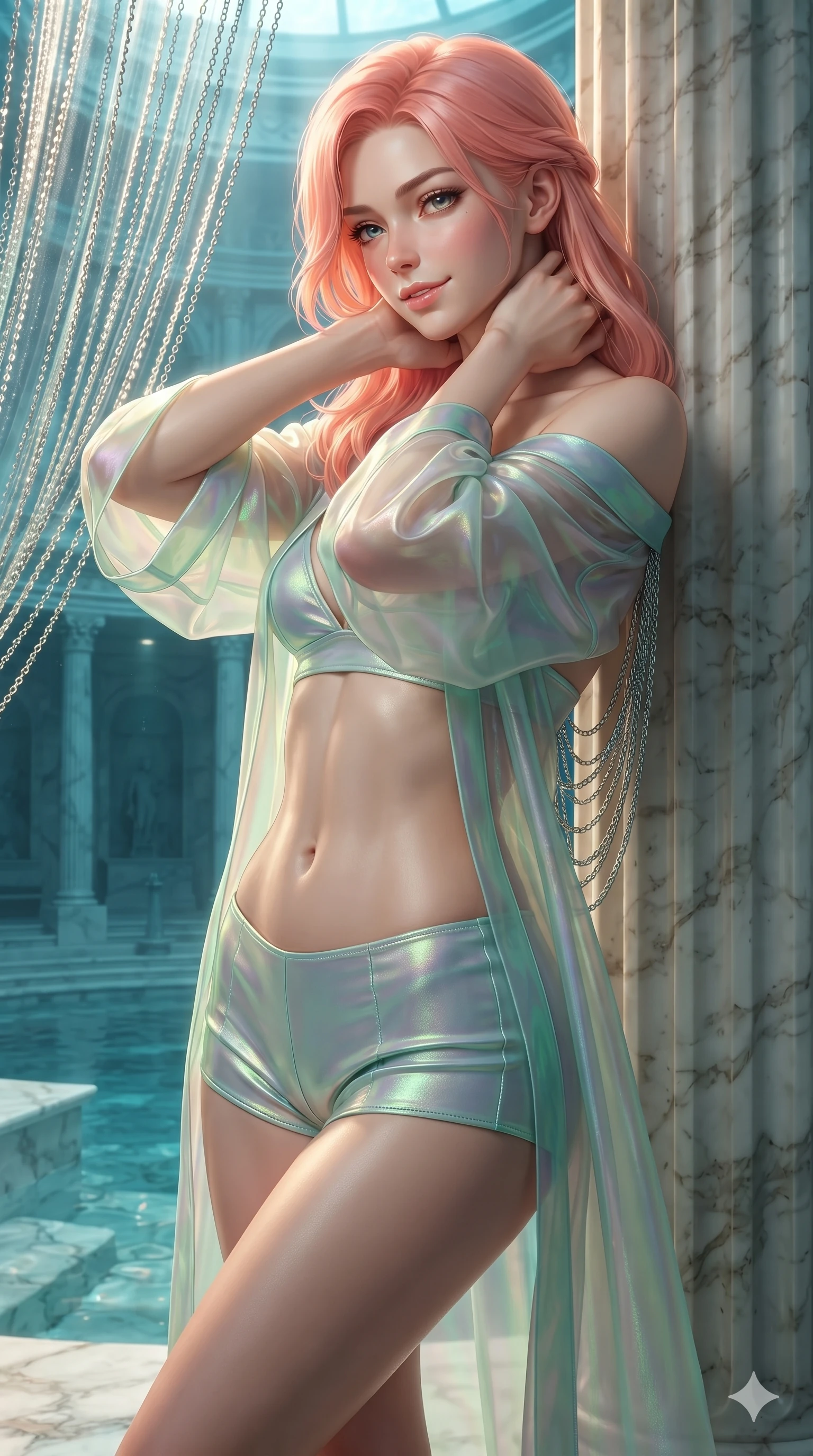 score_9, masterpiece, best quality, ultra-detailed, high-budget anime keyframe, editorial fashion photography, tasteful artistic composition, Japanese woman. close-up cowboy shot from the waist and thighs up, the character dominates the composition, filling the frame with her large presence. resting both hands lightly behind her neck with elbows raised, arching her spine to highlight her narrow waist, flat midriff, and breathtaking collarbones while leaning against the ancient fluted marble column with hips cocked back, looking through shimmering sunbeam curtains into the crystal depths with bedroom-eyes. The surrounding environment is rendered in vivid detail and crisp panoramic clarity: detailed high-fashion silk tailoring, liquid drape, and grand sunken classical architecture in high resolution. She has an exceptionally elegant, slender, and willowy female figure with an ultra-slim waist, flat toned midriff, narrow ribcage, and sculpted feminine hips creating an alluring, slim hourglass silhouette without bulk. sharp v-shaped jawline, high-bridge nose, intricate jewel-like sparkling eyes with depth, thick eyelashes, glossy parted lips with a natural peach sheen, bright cheerful beaming smile with an enchanting and coquettish sensual glint, exuding both youthful cute charm and seductive allure, flawlessly proportioned anatomical accuracy, strict slender model proportions, natural body alignment, perfectly sculpted long slender limbs, ultra-slim waistline, clean dynamic posture without body distortion. wearing a translucent iridescent organza kimono robe slipping off bare shoulders over a matching satin micro-bralette and micro-shorts in phosphorescent ultraviolet amethyst and mint green, woven from buttery-soft stretch lambskin leather adhering to her body like a second skin, accented with an open-back drape framed by falling strands of delicate chrome chains, the bespoke structured tailoring following the natural line of her 8.5-heads silhouette with refined elegance. illuminated by submerged marble reflection bounce and sharp golden-cyan rim lights sculpting her jawline, narrow waist, and curvy hips. ultra-reflective glossy finish, specular highlights, rich textural contrasts, high-contrast stereoscopic depth, volumetric dynamic lighting, 2k, ultra detail, master piece, 9:16 ratio