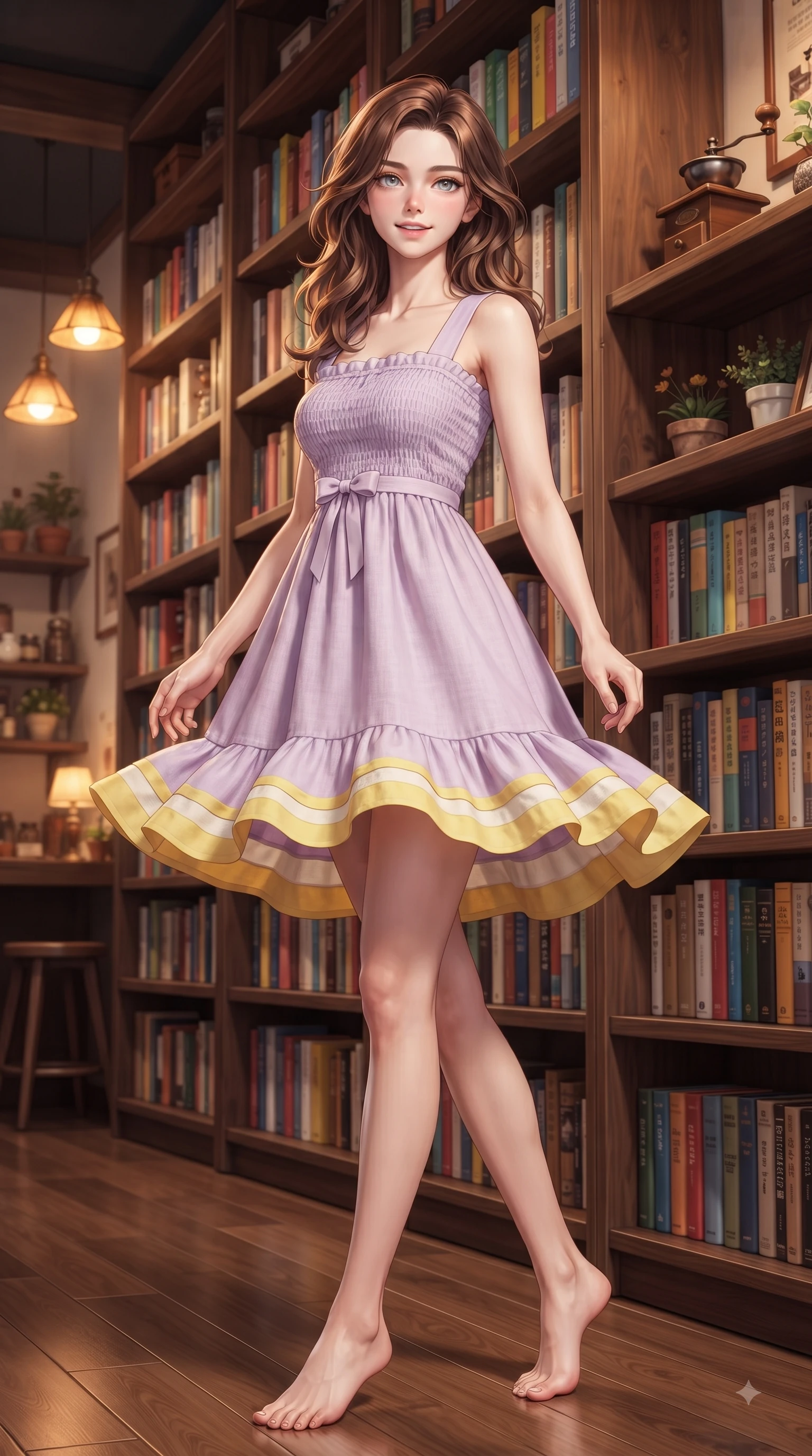 score_9, masterpiece, best quality, ultra-detailed, high-budget anime keyframe, editorial fashion photography, tasteful artistic composition, Korean woman. low angle full-body shot from head to toe showing her feet, filling the entire 9:16 vertical frame with her statuesque presence, stretching her vertical silhouette. performing a cheerful mid-motion turn with flawless poise, her radiant smile capturing fresh girlhood energy while browsing tall wooden bookshelves lined with colorful volumes with a curious, gentle smile. The surrounding environment is rendered in vivid detail and crisp panoramic clarity. rich wooden interior textures and cozy coffee shop decor rendered with vivid environmental detail. She has an absolutely perfect, statuesque 8.5-heads proportion, an exceptionally tall and slender model-like female figure with impossibly long slender legs and an ultra-slim waist. sharp v-shaped jawline, high-bridge nose, intricate jewel-like eyes with depth, thick eyelashes, glossy lips with a natural sheen, flawlessly proportioned anatomical accuracy, natural body alignment, perfectly sculpted elegant limbs, clean dynamic posture without body distortion. wearing a romantic lilac square-neck sundress with soft smocked bodice and fluttery hem in bright butter yellow and fresh cream white, crafted from soft breathable linen, accented with a dainty waist ribbon bow, the tailored casual silhouette highlighting her fresh and youthful presence. illuminated by soft glowing amber indoor lamps and warm wood reflections. ultra-reflective glossy finish, specular highlights, metallic sheen, high-contrast stereoscopic depth, volumetric dynamic lighting, 2k, ultra detail, master piece, 9:16 ratio