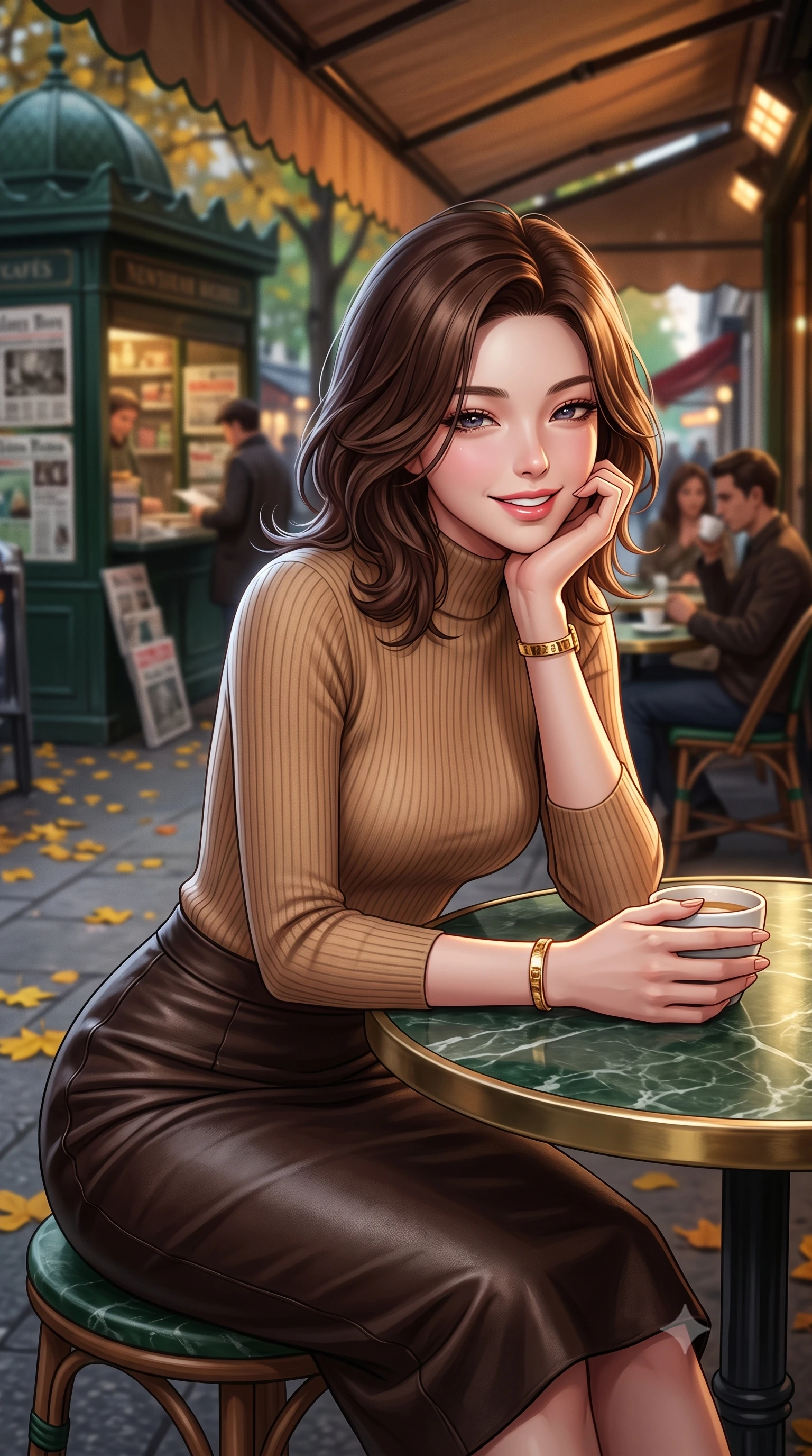score_9, masterpiece, best quality, ultra-detailed, high-budget anime keyframe, semi-realistic 3D game render, editorial fashion photography, tasteful artistic composition, Korean woman. close-up cowboy shot from the waist and thighs up, the character dominates the composition, filling the frame with her large presence. resting one elbow on the table and supporting her chin, leaning close to the camera with heavy-lidded sparkling eyes and parted lips while sitting poised at a round green marble bistrot table beneath the heated cafe awning, cradling a porcelain cup with a radiant French smile. The background shows a soft-focus bustling Parisian boulevard with vintage green newspaper kiosks, yellow chestnut leaves on pavement, and café patrons blurred into emerald, amber, and espresso bokeh. She has an exceptionally elegant, slender, and willowy female figure with an ultra-slim waist, flat toned midriff, narrow ribcage, and sculpted feminine hips creating an alluring, slim hourglass silhouette without bulk. sharp v-shaped jawline, high-bridge nose, intricate jewel-like sparkling eyes with depth, thick eyelashes, glossy parted lips with a natural peach sheen, bright cheerful beaming smile with an enchanting and coquettish sensual glint, exuding both youthful cute charm and seductive allure, flawlessly proportioned anatomical accuracy, strict slender model proportions, natural body alignment, perfectly sculpted long slender limbs, ultra-slim waistline, clean dynamic posture without body distortion. wearing a body-hugging French chic knit top paired with a form-contouring leather pencil midi skirt with a subtle walking vent in Saint-Germain camel wool and warm espresso, tailored from form-contouring ribbed merino wool hugging her torso like a second skin, accented with delicate golden wrist cuffs reflecting warm chandelier light, the second-skin tailored fabric adhering flawlessly to her sculpted flat midriff and slender torso, emphasizing her long leg lines and perfectly proportioned willowy build. illuminated by zinc counter and marble tabletop bounce with delicate platinum rim lights sculpting her features and slender waist. highly saturated vibrant anime colors, detailed shading with soft gradients, rich glossy textures, high-contrast stereoscopic depth, volumetric dynamic lighting, master piece, 9:16 ratio