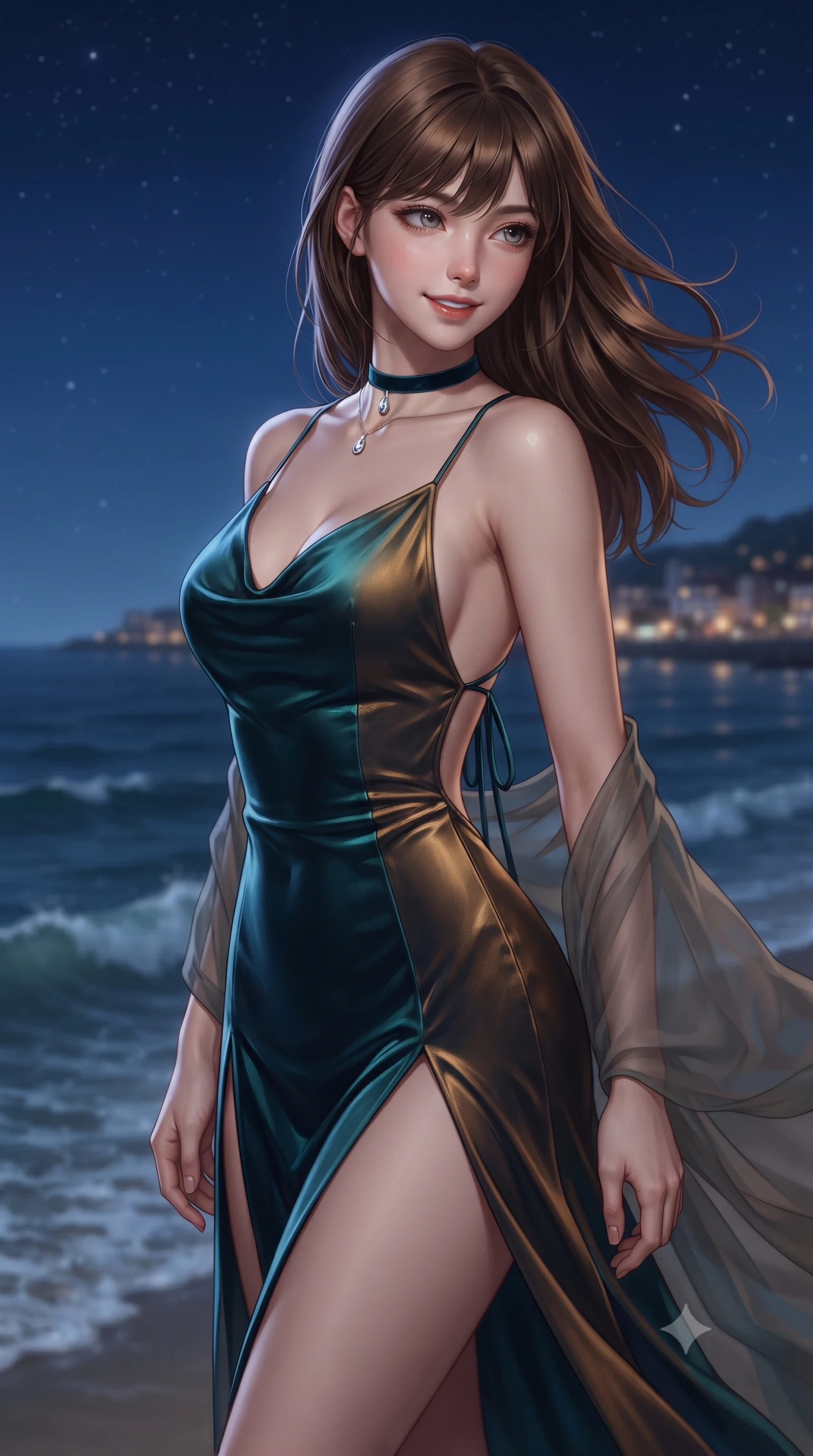 score_9, masterpiece, best quality, ultra-detailed, high-budget anime keyframe, editorial fashion photography, tasteful artistic composition, Korean woman. close-up cowboy shot from the waist and thighs up, the character dominates the composition, filling the frame with her large presence. turning slowly with an enchanting smoldering smile, her glossy hair tossing in the breeze as her hips angle gracefully in a captivating contrapposto while twisting her slender torso in an alluring S-curve, warm Caribbean sea breezes fluttering her sheer beach wrap around her hourglass curves. The background shows a soft-focus gently lapping ocean waves softened in exclusive maritime nocturnal shallow focus. She has an exceptionally elegant, slender, and willowy female figure with an ultra-slim waist, flat toned midriff, narrow ribcage, and sculpted feminine hips creating an alluring, slim hourglass silhouette without bulk. sharp v-shaped jawline, high-bridge nose, sparkling eyes with hypnotic seductive depth, thick curled eyelashes, glossy parted lips with a natural dewy peach sheen, alluring bedroom-eyes with an enchanting coquettish smile, exuding magnetic siren charisma and sophisticated glamour, flawlessly proportioned anatomical accuracy, strict slender model proportions, natural body alignment, perfectly sculpted long slender limbs, ultra-slim waistline, clean dynamic posture without body distortion. wearing a plunging cowl-neck liquid silk satin slip gown with daring hip-high double slits and delicate back ties in deep peacock teal and burnished antique brass, tailored from ultra-plush velvet with rich tactile depth and deep shadow gradients, finished with a thin velvet ribbon choker and a single teardrop diamond pendant, the precision-cut side openings and low-back scoop framing her graceful spine and the sensual sweep of her slim, toned hips. illuminated by water surface specular bounce and sharp platinum-gold rim lights defining her delicate clavicles, ultra-slim waist, and curvy hips. ultra-reflective glossy finish, specular highlights, rich textural contrasts, high-contrast stereoscopic depth, volumetric dynamic lighting, 2k, ultra detail, master piece, 9:16 ratio