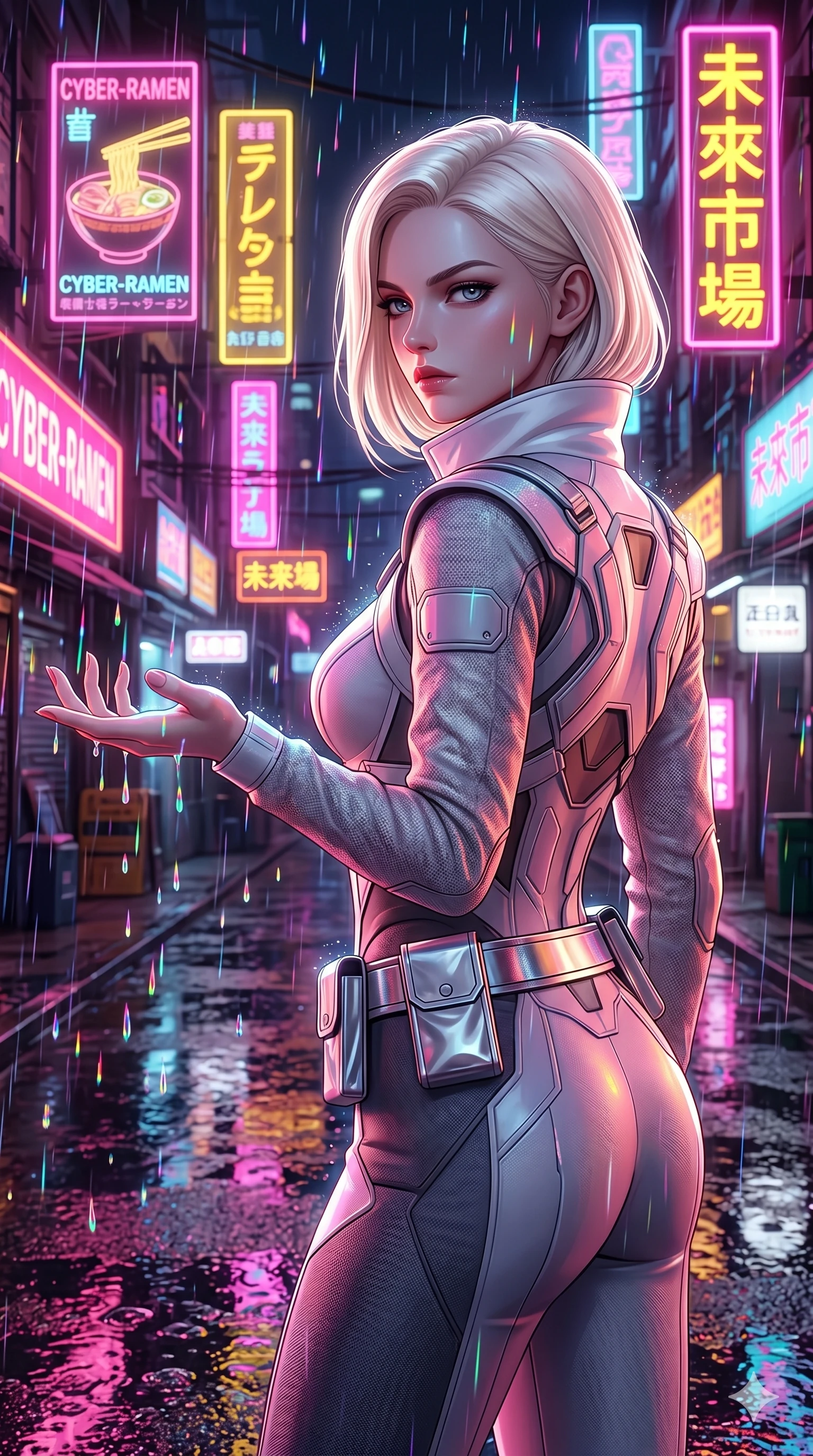 score_9, masterpiece, best quality, ultra-detailed, high-budget anime keyframe, semi-realistic 3D game render, Caucasian woman, strictly human ears. Upper body close-up from the thighs up, character filling the screen for maximum presence. She is turning around sharply in a futuristic night market, with rain reflections on wet asphalt. She reaches out a hand to catch neon-lit rain droplets with an intense, magnetic gaze. She has an absolutely perfect 8-heads proportion, a tall and elegant figure with a refined silhouette and a defined waistline. V-shaped jawline, high-bridge nose, intricate jewel-like eyes with depth, thick eyelashes, glossy lips with a natural sheen. She is wearing a high-fashion tech-jumpsuit featuring structured panel overlays across the torso and shoulders, accented by a metallic silver utility belt and textured fabric sleeves. The scene is lit by bright pink and yellow neon billboards and a sharp white key light tracing her silhouette. 2k, ultra detail, master piece, 9:16 ratio