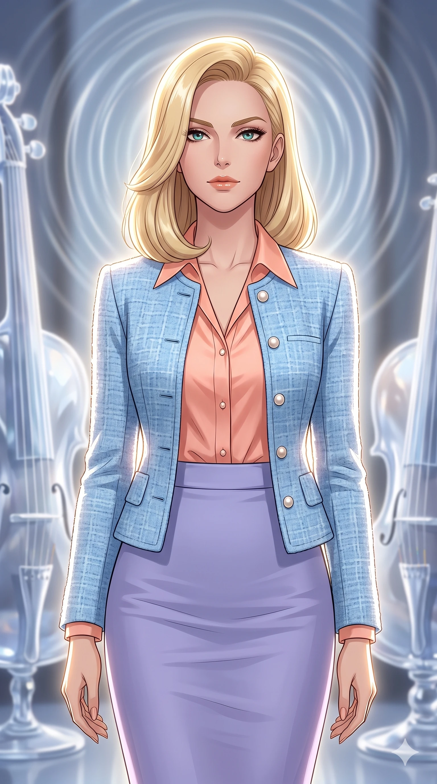 score_9, masterpiece, best quality, ultra-detailed, high-budget anime keyframe, editorial fashion photography, tasteful artistic composition, Caucasian woman, strictly human ears. close-up cowboy shot from the waist and thighs up, the character dominates the composition, filling the frame with her large presence, background elements kept in soft focus. Gazing past the camera with an air of effortless superiority. set against a soft-focus background of a gallery of enormous crystal glass instruments that play themselves by resonating with invisible energy sending visible concentric sound ripples expanding through the air like rings on water. She has an exceptionally elegant and slender, willowy female figure with an ultra-slim waist, a gracefully sculpted slender torso, and a refined slim physique. sharp v-shaped jawline, high-bridge nose, intricate jewel-like eyes with depth, thick eyelashes, glossy lips with a natural sheen. wearing a chic sky-blue tweed jacket with pearl buttons over a light coral silk blouse and a matching lavender pencil skirt. dramatic backlight creating a radiant halo effect around her entire silhouette. 2k, ultra detail, master piece, 9:16 ratio