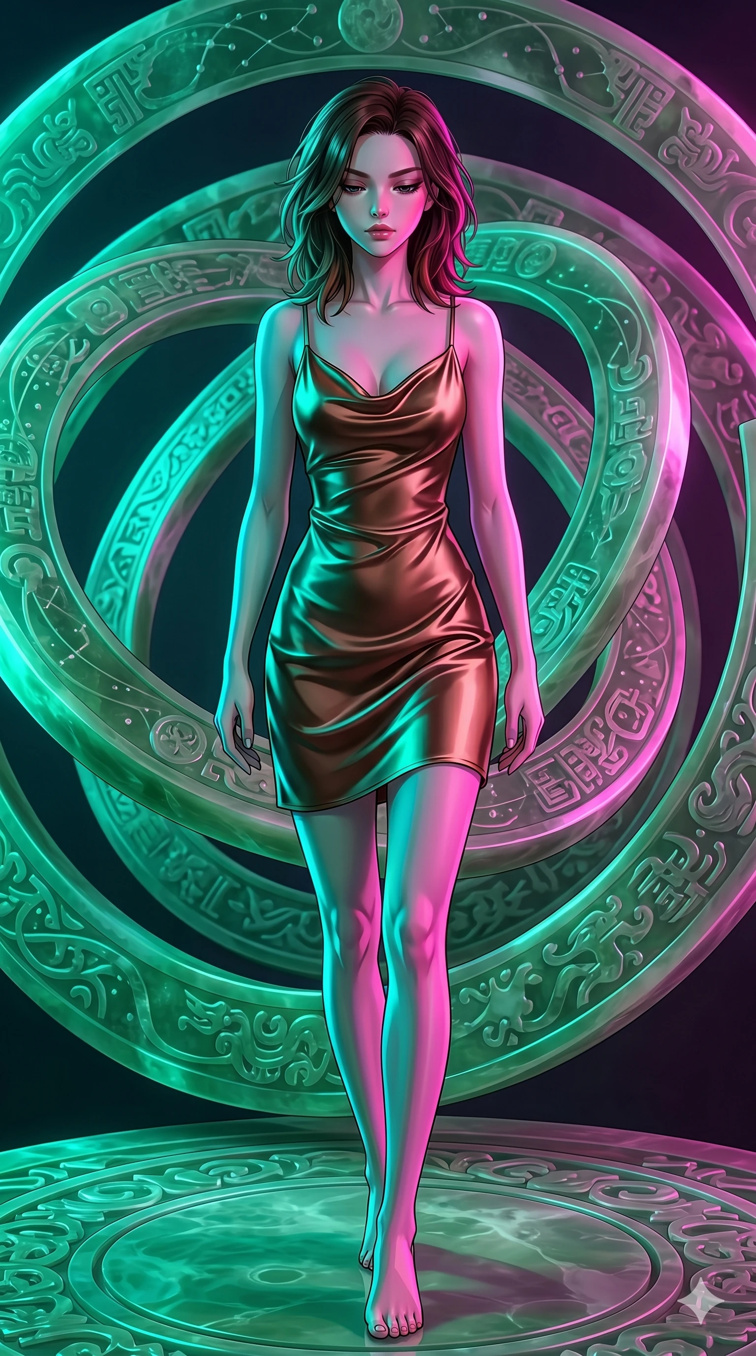 score_9, masterpiece, best quality, ultra-detailed, high-budget anime keyframe, editorial fashion photography, tasteful artistic composition, Korean woman. cowboy shot from the thighs up, character and outfit filling the frame for maximum editorial presence. Looking down with lowered lashes and a composed, powerful expression on a circular platform surrounded by giant rotating rings of carved jade. She has an absolutely perfect 8-heads proportion, an exceptionally tall and slender female figure with impossibly long slender legs and an ultra-slim waist. V-shaped jawline, high-bridge nose, intricate jewel-like eyes with depth, thick eyelashes, glossy lips with a natural sheen. wearing a bias-cut slip dress in liquid bronze satin with a cowl neckline, thin spaghetti straps, and a form-contouring fit ending at mid-thigh. under intense neon teal and magenta split-lighting creating vivid chromatic contrast on her figure. 2k, ultra detail, master piece, 9:16 ratio