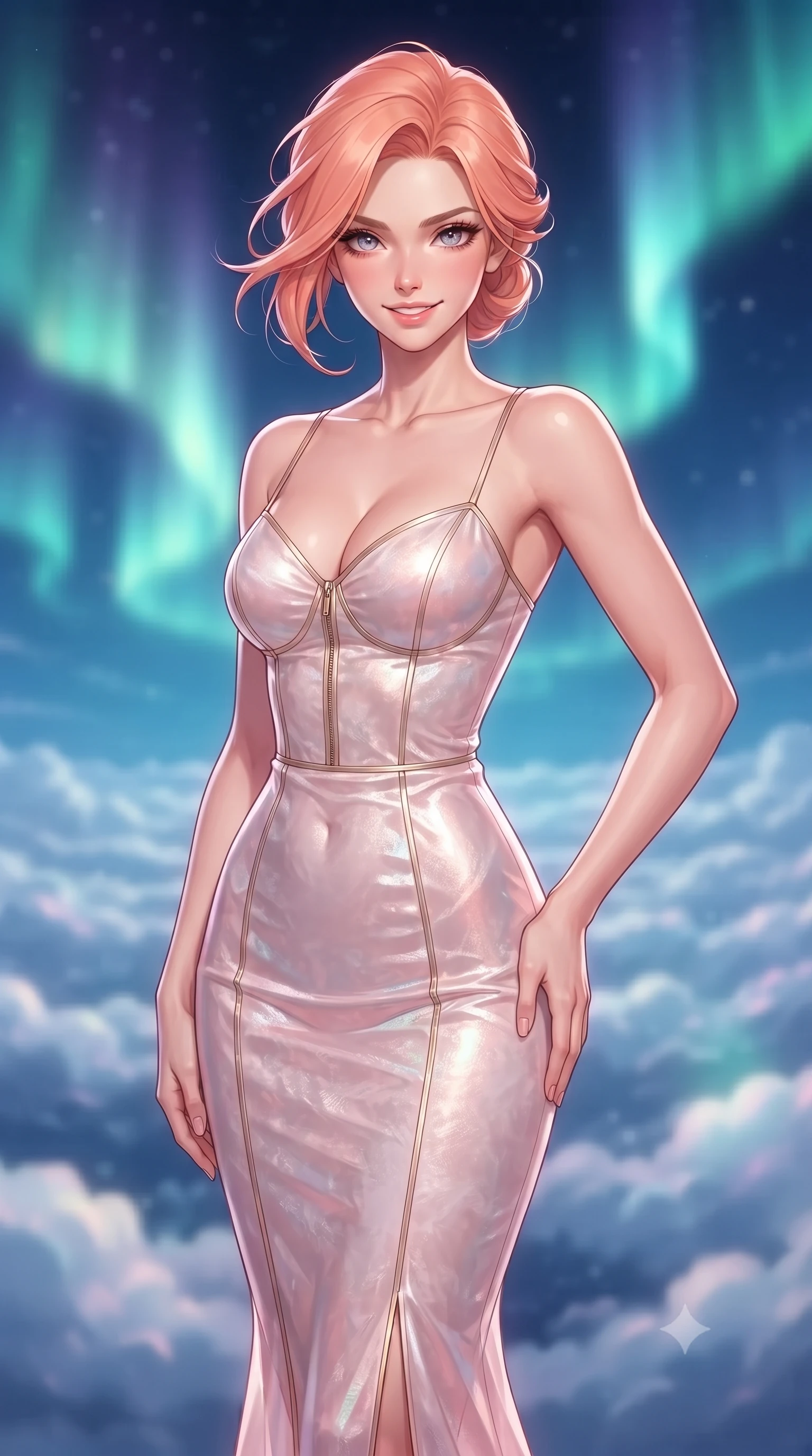 score_9, masterpiece, best quality, ultra-detailed, high-budget anime keyframe, editorial fashion photography, tasteful artistic composition, Japanese woman. close-up cowboy shot from the waist and thighs up, the character dominates the composition, filling the frame with her large presence, background elements kept in soft focus. Smiling with quiet, magnetic self-assurance directly into the camera, poised above a sea of clouds illuminated by glowing polar lights, statuesque presence stretching her vertical 9:16 framing. She has an exceptionally elegant, slender, and willowy female figure with an ultra-slim waist, a gracefully sculpted slender torso, and a refined silhouette. sharp v-shaped jawline, high-bridge nose, intricate jewel-like eyes with depth, thick eyelashes, glossy lips with a natural sheen. wearing second-skin iridescent hologram organza bodycon maxi dress in soft blush pink, made of crushed white silk velvet, finished with metallic gold boning and sleek zipper points, the fitted fabric emphasizing her ultra-slim waist. lit by intense polar key light piercing through crisp night air. highly saturated vibrant anime colors, detailed shading with soft gradients, rich glossy textures, high-contrast stereoscopic depth, volumetric dynamic lighting, master piece, 9:16 ratio
