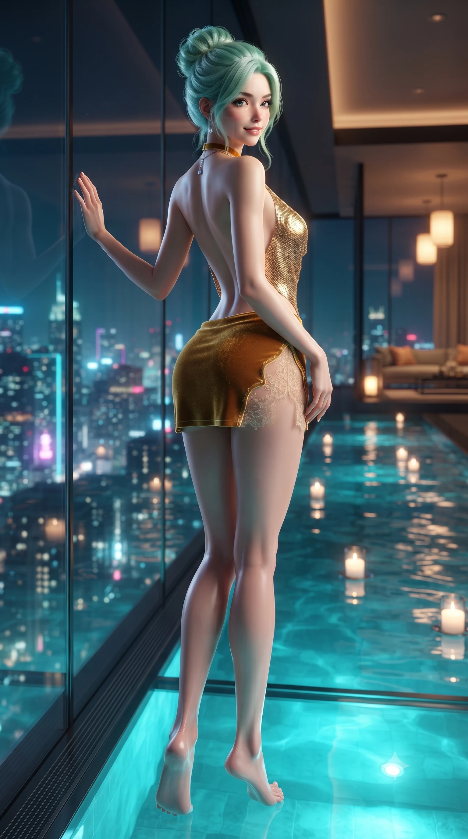 score_9, masterpiece, best quality, ultra-detailed, high-budget anime keyframe, editorial fashion photography, tasteful artistic composition, Japanese woman. low angle full-body shot from head to toe showing her feet, filling the entire 9:16 vertical frame with her statuesque presence, stretching her vertical silhouette. standing tall beside the floor-to-ceiling glass wall, one hand resting on the glass while arching her lower back to emphasize her sculpted feminine hips and slender waist against the glittering city while standing perched at the edge of the glass infinity pool high above the neon city, arching her back with breathless siren glamour and glancing back over a bare shoulder. The background shows a soft-focus floating votive candles and gentle water ripples softened in sultry midnight penthouse shallow focus. She has an absolutely perfect, statuesque 8.5-heads proportion, an exceptionally tall and slender model-like female figure with impossibly long slender legs, an ultra-slim waist, a flat toned midriff, narrow delicate ribcage, and beautifully sculpted feminine hips creating a graceful, slim hourglass silhouette without any bulky heaviness. sharp v-shaped jawline, high-bridge nose, sparkling eyes with hypnotic seductive depth, thick curled eyelashes, glossy parted lips with a natural dewy peach sheen, alluring bedroom-eyes with an enchanting coquettish smile, exuding magnetic siren charisma and sophisticated high-fashion glamour, flawlessly proportioned anatomical accuracy, strict slender model proportions, natural body alignment, perfectly sculpted long slender limbs, ultra-slim waistline, clean dynamic posture without body distortion. wearing a liquid gold chainmail halter cowl top paired with an ultra-low-rise velvet mini skirt in warm amber honey and antique gold leaf, made of delicate semi-sheer French Chantilly lace with intricate eyelash edges, finished with a thin velvet ribbon choker and a single teardrop diamond pendant, the precision-cut side openings and low-back scoop framing her graceful spine and the sensual sweep of her slim, toned hips. bathed in luminous turquoise underwater pool illumination paired with warm amber lantern glow. ultra-reflective glossy finish, specular highlights, rich textural contrasts, high-contrast stereoscopic depth, volumetric dynamic lighting, 2k, ultra detail, master piece, 9:16 ratio