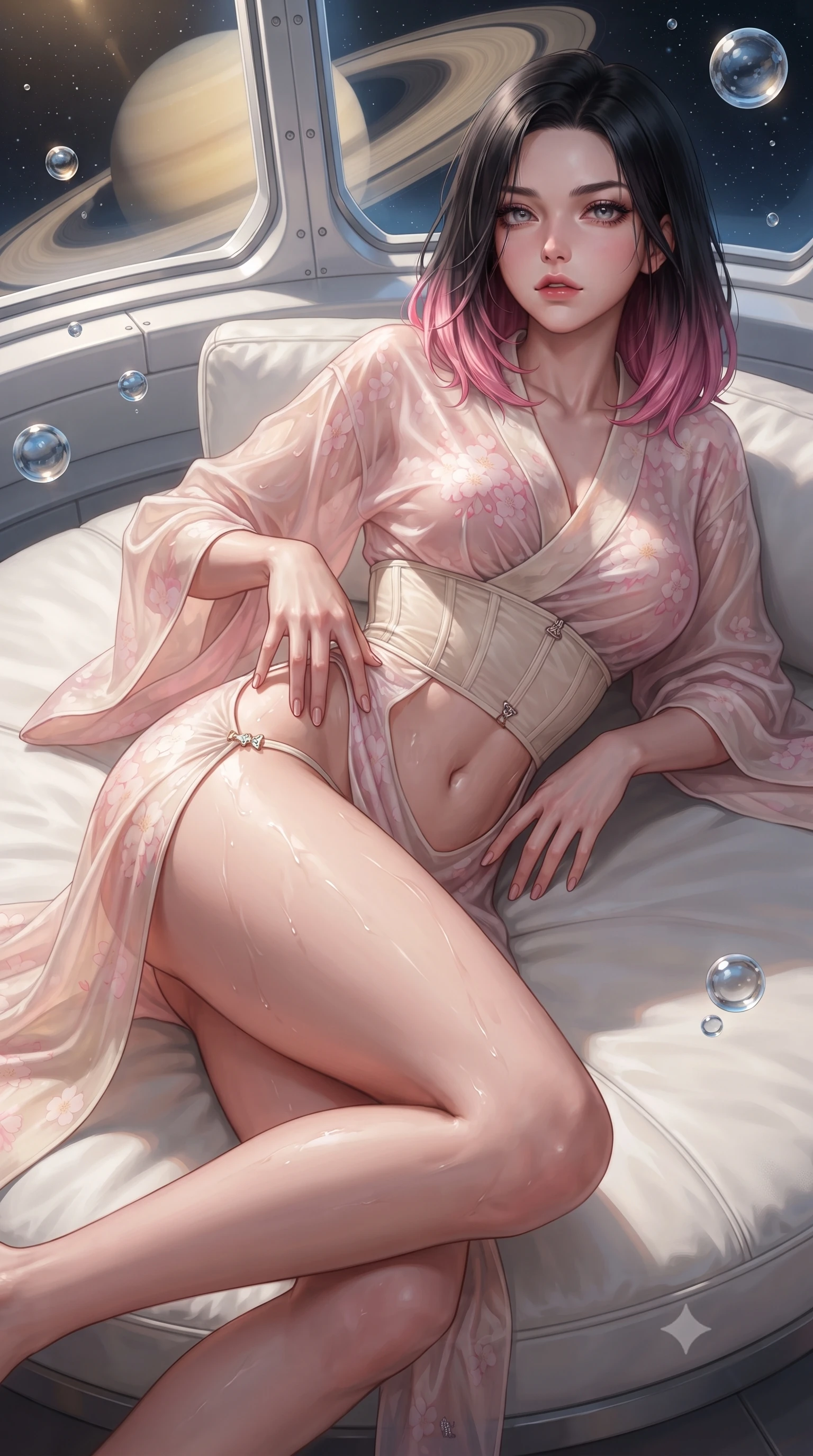 score_9, masterpiece, best quality, ultra-detailed, high-budget anime keyframe, editorial fashion photography, tasteful artistic composition, Korean woman. close-up cowboy shot from the waist and thighs up, the character dominates the composition, filling the frame with her large presence. resting one manicured hand delicately on her hip bone, her upper body turning in a fluid, seductive S-curve while parted lips glisten in the light while reclining languidly on a white leather circular daybed with one knee drawn up, golden ring-shadows and starlight tracing the sensual curve of her feminine hips and flat midriff. The surrounding environment is rendered in vivid detail and crisp panoramic clarity. sharp quartz glass viewport rivets, zero-G water sphere surface tension, and Saturn ring particle density in deep focus. She has an exceptionally elegant, slender, and willowy female figure with an ultra-slim waist, flat toned midriff, narrow ribcage, and sculpted feminine hips creating an alluring, slim hourglass silhouette without bulk. sharp v-shaped jawline, high-bridge nose, intricate jewel-like eyes with depth, thick eyelashes, glossy parted lips with a natural sheen, intensely captivating and seductive bedroom-eyes expression, flawlessly proportioned anatomical accuracy, strict slender model proportions, natural body alignment, perfectly sculpted long slender limbs, ultra-slim waistline, clean dynamic posture without body distortion. wearing a delicate semi-translucent silk yukata that clings to her wet skin and curvy hip contours in sakura blossom pink and warm ivory, made of fluid silk crepe with delicate inner corsetry boning, finished with an ultra-high side slit secured by miniature jeweled clasps, the form-contouring material adhering flawlessly to her sculpted flat midriff and slender torso, emphasizing her long leg lines and perfectly proportioned willowy build. illuminated by crisp directional planetary light sharply defining her sculpted collarbones, ultra-slim waist, and curvy hips. ultra-reflective glossy finish, specular highlights, rich textural contrasts, high-contrast stereoscopic depth, volumetric dynamic lighting, 2k, ultra detail, master piece, 9:16 ratio