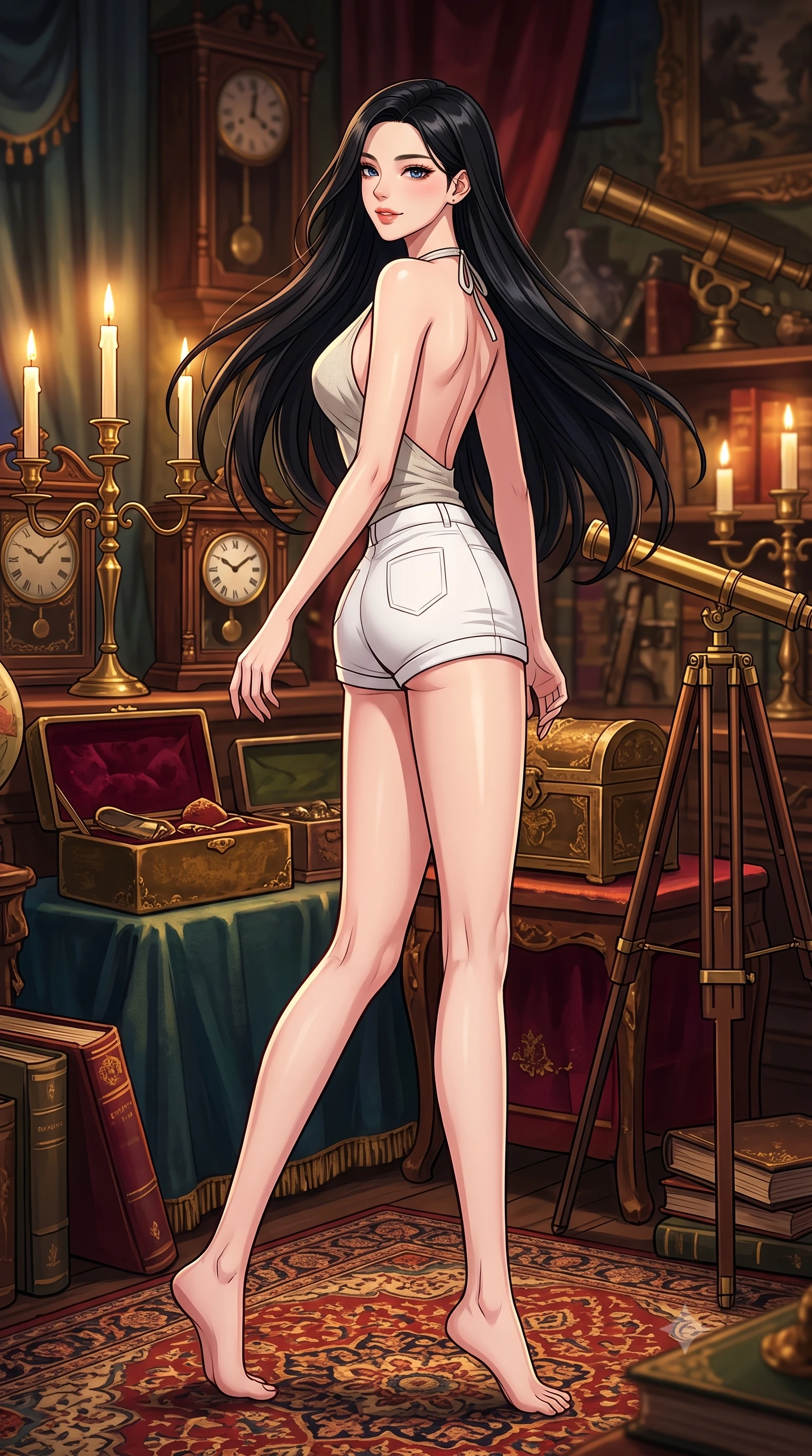 score_9, masterpiece, best quality, ultra-detailed, high-budget anime keyframe, tasteful artistic composition, Korean woman. low angle full-body shot from head to toe showing her feet, filling the entire 9:16 vertical frame with her statuesque presence, stretching her vertical silhouette. stepping gracefully while looking back over her shoulder, her dress draped tightly to reveal her silhouette the background shows a soft-focus an antique shop corner filled with vintage clocks, telescopes, and velvet boxes. She has an absolutely perfect, statuesque 8.5-heads proportion, an exceptionally tall and slender model-like female figure with impossibly long slender legs and an ultra-slim waist. sharp v-shaped jawline, high-bridge nose, intricate jewel-like eyes with depth, thick eyelashes, glossy lips with a natural sheen. wearing a slim-fit stylish linen halter top with an open-back design, paired with white micro-shorts. warm candlelight casting dramatic shadows on the brass instruments. highly saturated vibrant anime colors, cel-shading, 2d style, master piece, 9:16 ratio