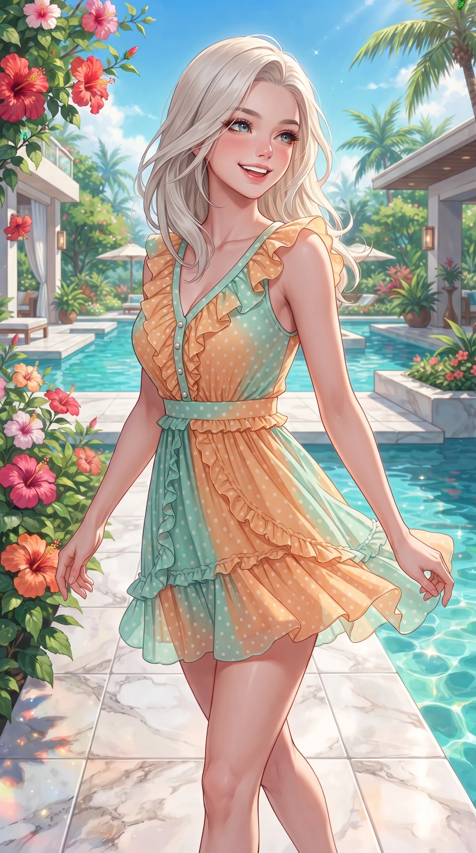 score_9, masterpiece, best quality, ultra-detailed, high-budget anime keyframe, editorial fashion photography, tasteful artistic composition, Caucasian woman. close-up cowboy shot from the waist and thighs up, the character dominates the composition, filling the frame with her large presence. Radiant youthful grin reflecting girlhood charm while casting a playful, joyful side-gaze with heavy lashes while stepping onto a marble garden walkway surrounded by blooming hibiscus flowers and clear blue water. The surrounding environment is rendered in vivid detail and crisp panoramic clarity. luxury resort architecture, shimmering turquoise pools, and tropical garden landscapes in deep focus. She has an exceptionally elegant, slender, and willowy female figure with an ultra-slim waist, a gracefully sculpted slender torso, and a refined silhouette. sharp v-shaped jawline, high-bridge nose, intricate jewel-like eyes with depth, thick eyelashes, glossy lips with a natural sheen, flawlessly proportioned anatomical accuracy, natural body alignment, perfectly sculpted elegant limbs, clean dynamic posture without body distortion. wearing a bright apricot ruffled sundress with a subtle polka-dot pattern in refreshing mint green and crisp white, made of fine lightweight chiffon that flutters gently in the breeze, finished with subtle ruffle trims and delicate pearl buttons, the tailored casual silhouette highlighting her fresh and youthful presence. surrounded by an exclusive, sun-drenched, and relaxing resort atmosphere. ultra-reflective glossy finish, specular highlights, metallic sheen, high-contrast stereoscopic depth, volumetric dynamic lighting, 2k, ultra detail, master piece, 9:16 ratio