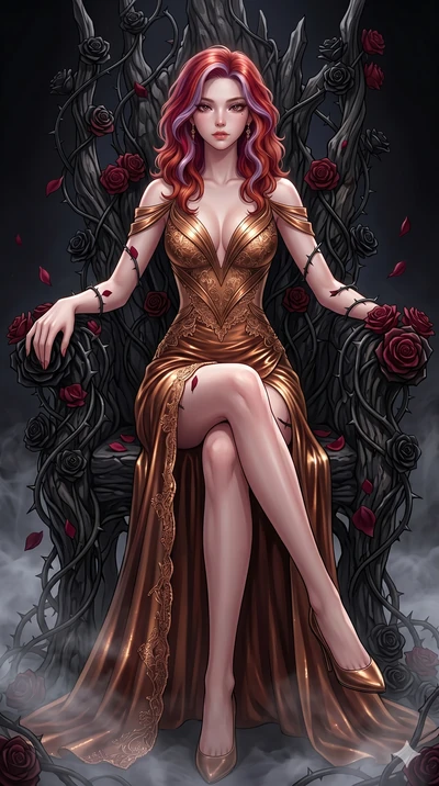 score_9, masterpiece, best quality, ultra-detailed, High-budget Anime Keyframe, East Asian woman. Dynamic full-body shot stretching the vertical silhouette to the limit. Scenario 280: Resting on a throne of black roses, thorns grazing her skin. Her p