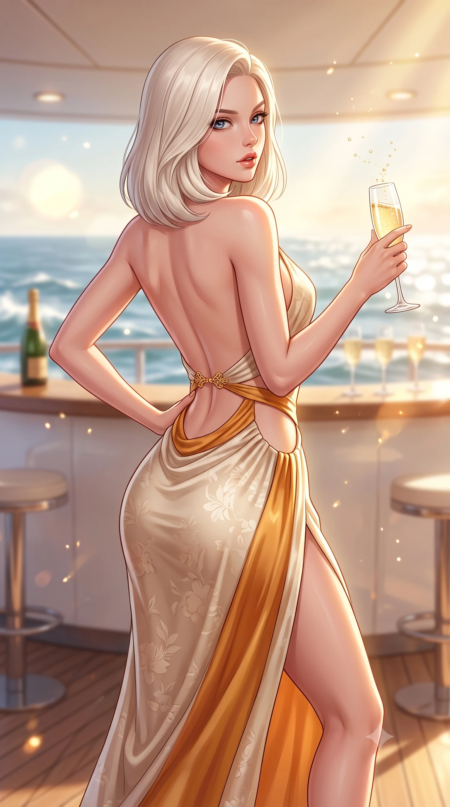 score_9, masterpiece, best quality, ultra-detailed, high-budget anime keyframe, semi-realistic 3D game render, editorial fashion photography, tasteful artistic composition, Caucasian woman. close-up cowboy shot from the waist and thighs up, the character dominates the composition, filling the frame with her large presence. posing in an alluring rear three-quarter angle, arching her lower back in a pronounced S-curve with one hand on her hip, glancing seductively over her bare shoulder with parted glossy lips while leaning against the yacht's outdoor bar with hips shifted to one side, holding a champagne flute while locking smoldering eyes with the viewer. The composition keeps background elements in soft focus with creamy bokeh. sunlight sparkle on ocean crests and champagne fizz scattering warm radiant light motes. She has an exceptionally elegant, slender, and willowy female figure with an ultra-slim waist, a gracefully sculpted slender torso, toned flat midriff, and rounded feminine hips creating an alluring hourglass silhouette. sharp v-shaped jawline, high-bridge nose, intricate jewel-like eyes with depth, thick eyelashes, glossy parted lips with a natural sheen, intensely captivating and seductive bedroom-eyes expression, flawlessly proportioned anatomical accuracy, strict slender model proportions, natural body alignment, perfectly sculpted long slender limbs, ultra-slim waistline, clean dynamic posture without body distortion. wearing a backless Grecian goddess draped dress with side-waist cutouts and a fluid floor-length slit in warm amber honey and natural linen cream, tailored from smooth liquid silk satin with subtle floral jacquard, finished with a dramatic open back secured by golden filigree clasps, the second-skin form-contouring cut accentuating her sculpted flat midriff, narrow waistline, and dramatically curvy hips without adding bulk. surrounded by an opulent, sun-drenched, and breathtakingly seductive jet-set heiress aura. highly saturated vibrant anime colors, detailed shading with soft gradients, rich glossy textures, high-contrast stereoscopic depth, volumetric dynamic lighting, master piece, 9:16 ratio