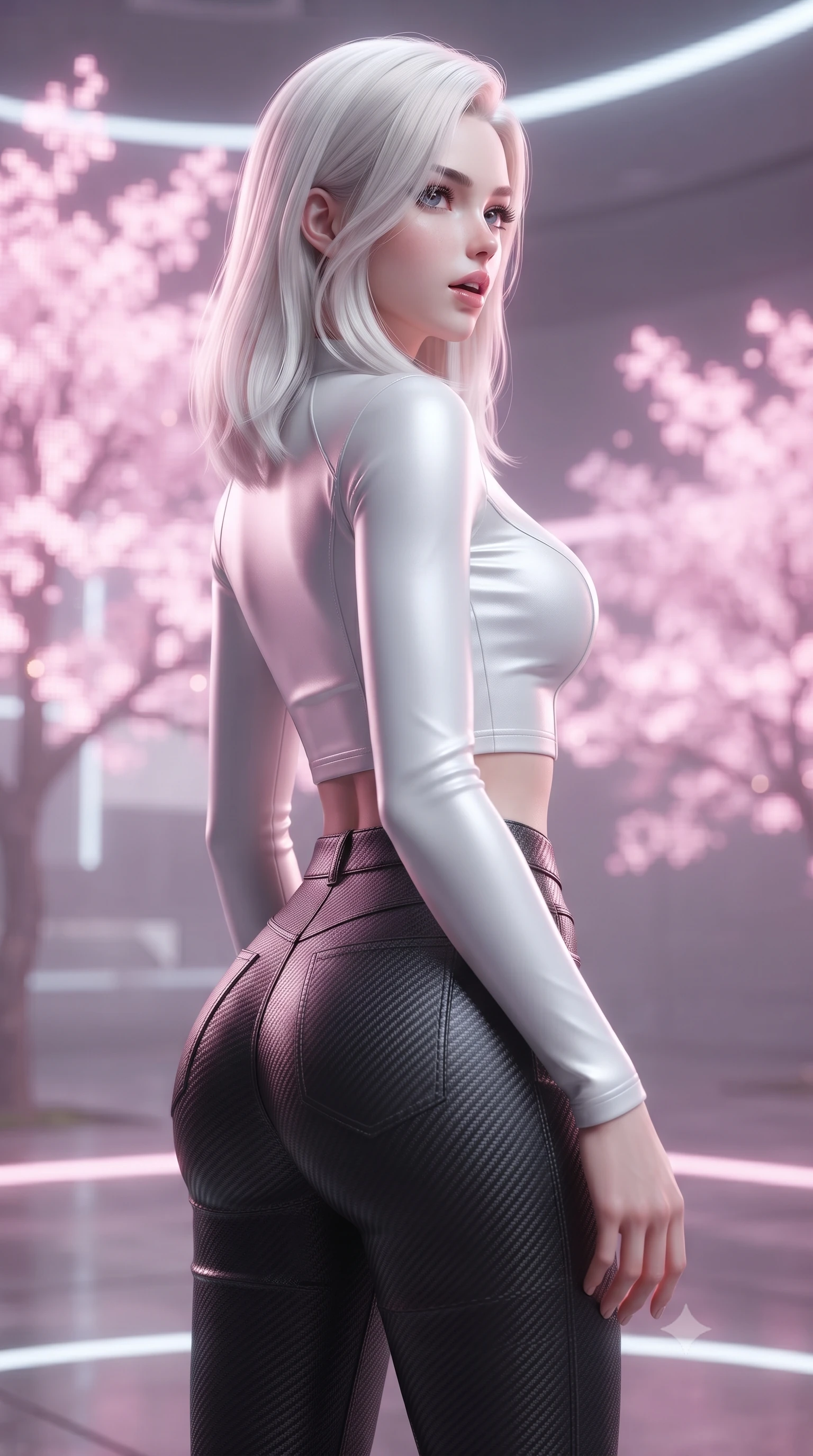 score_9, masterpiece, best quality, ultra-detailed, high-budget anime keyframe, editorial fashion photography, tasteful artistic composition, Caucasian woman. close-up cowboy shot from the waist and thighs up, the character dominates the composition, filling the frame with her large presence, background elements kept in soft focus. turning her face in profile to look over her shoulder, casting a smoldering side gaze with lips slightly parted, the background shows a soft-focus a holographic arena with virtual cherry blossom trees made of glowing pink pixels. She has an exceptionally elegant, slender, and willowy female figure with an ultra-slim waist, a gracefully sculpted slender torso, and a refined silhouette. sharp v-shaped jawline, high-bridge nose, intricate jewel-like eyes with depth, thick eyelashes, glossy lips with a natural sheen. wearing a tailored body-hugging long-sleeve tactical crop top in pure white, paired with high-waisted black carbon-weave skinny pants. soft pink digital light diffusing through the room, creating a dreamy wash. ultra-reflective glossy finish, specular highlights, metallic sheen, high-contrast stereoscopic depth, volumetric dynamic lighting, 2k, ultra detail, master piece, 9:16 ratio