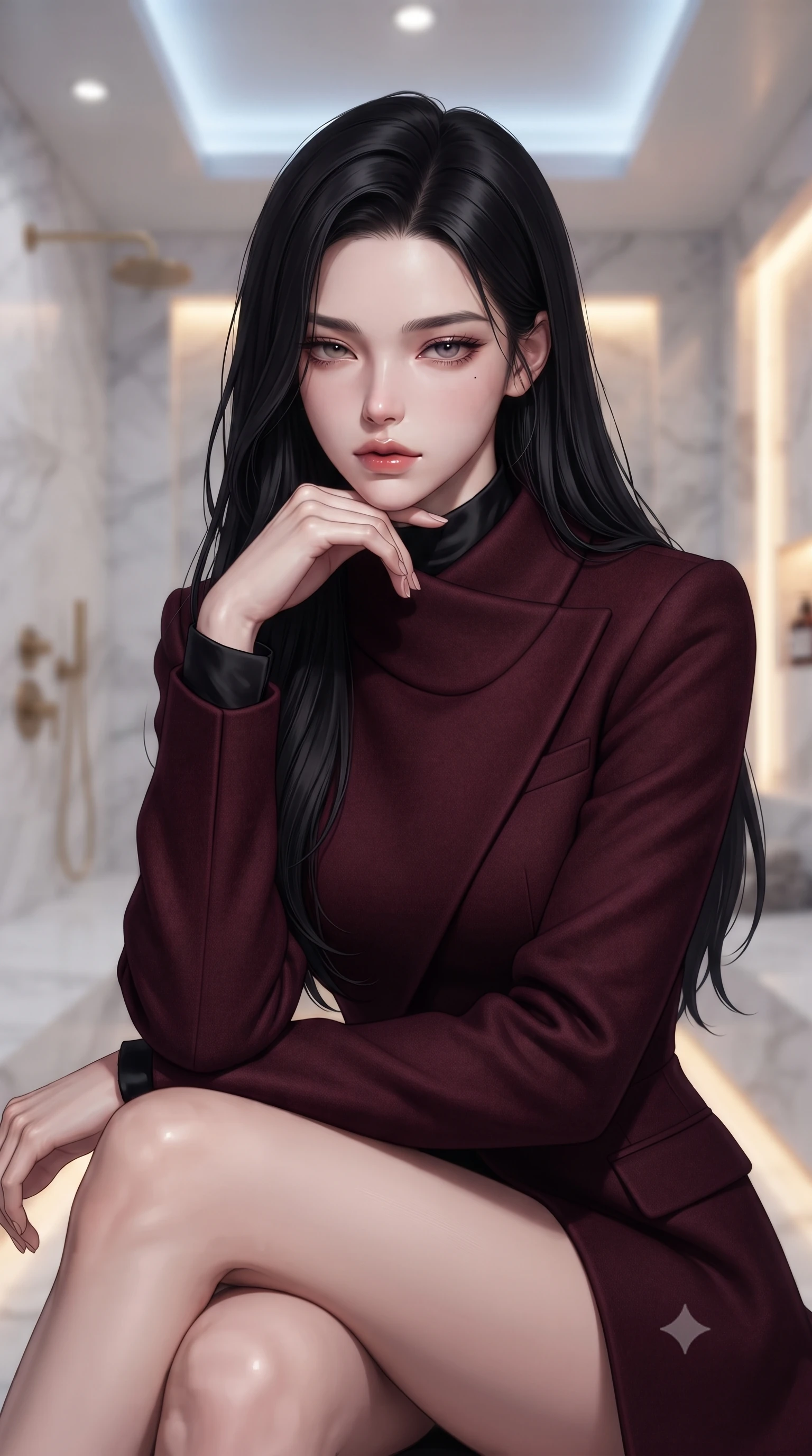 score_9, masterpiece, best quality, ultra-detailed, high-budget anime keyframe, editorial fashion photography, tasteful artistic composition, Korean woman woman. close-up cowboy shot from the waist and thighs up, the character dominates the composition, filling the frame with her large presence, background elements kept in soft focus. resting her chin on the backs of her fingers, casting a heavy-lidded, sultry look past the camera the background shows a soft-focus a spacious steam shower room built of white Carrara marble and gold brass fixtures. She has an exceptionally elegant, slender, and willowy female figure with an ultra-slim waist, a gracefully sculpted slender torso, and a refined silhouette. sharp v-shaped jawline, high-bridge nose, intricate jewel-like eyes with depth, thick eyelashes, glossy lips with a natural sheen. wearing a tailored tailored asymmetric jacket in deep burgundy wool with a high wrap collar, over a black silk mock-neck blouse. cool ambient ceiling light contrasting with the warm glow from the steam panels. ultra-reflective glossy finish, specular highlights, metallic sheen, high-contrast stereoscopic depth, volumetric dynamic lighting, 2k, ultra detail, master piece, 9:16 ratio