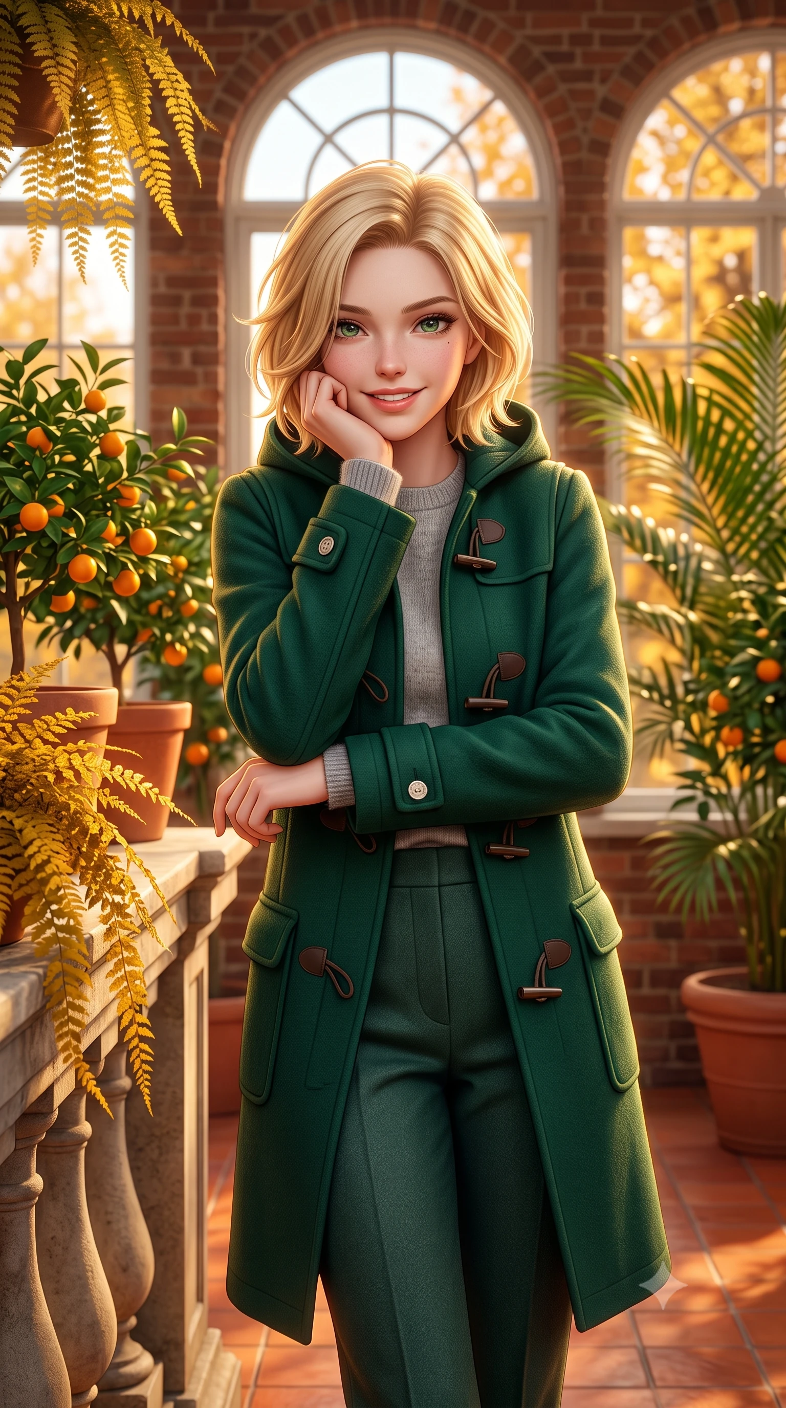 score_9, masterpiece, best quality, ultra-detailed, high-budget anime keyframe, semi-realistic 3D game render, editorial fashion photography, tasteful artistic composition, Caucasian woman. close-up cowboy shot from the waist and thighs up, the character dominates the composition, filling the frame with her large presence. resting one elbow on the stone balustrade, chin poised lightly on her hand with intelligent, charming warmth while standing amidst potted citrus trees and cascading golden ferns inside the historic brick orangery, smiling warmly at the camera. The background shows a soft-focus arched multi-pane conservatory windows, lush potted palm fronds, and golden maple trees outside blurred into honey, terracotta, and olive bokeh. She has an exceptionally elegant, slender, and willowy female figure with an ultra-slim waist, flat toned midriff, narrow ribcage, and sculpted feminine hips creating an alluring, slim hourglass silhouette without bulk. sharp v-shaped jawline, high-bridge nose, intricate jewel-like sparkling eyes with depth, thick eyelashes, glossy parted lips with a natural peach sheen, bright cheerful beaming smile with an enchanting and coquettish sensual glint, exuding both youthful cute charm and seductive allure, flawlessly proportioned anatomical accuracy, strict slender model proportions, natural body alignment, perfectly sculpted long slender limbs, ultra-slim waistline, clean dynamic posture without body distortion. wearing a structured boiled-wool duffle coat with horn toggles over a soft alpaca sweater and tailored wool slacks in St. Moritz pine forest emerald and heather grey, woven from fine Australian merino wool with a smooth fluid drape and subtle sheen, finished with fine mother-of-pearl cuff buttons catching the soft ambient light, the precision-cut high-waisted tailoring accentuating her ultra-slim waist and long slender leg line with immaculate aristocratic poise. illuminated by terracotta floor reflection fill and warm golden rim lights defining her delicate collar and willowy silhouette. highly saturated vibrant anime colors, detailed shading with soft gradients, rich glossy textures, high-contrast stereoscopic depth, volumetric dynamic lighting, master piece, 9:16 ratio