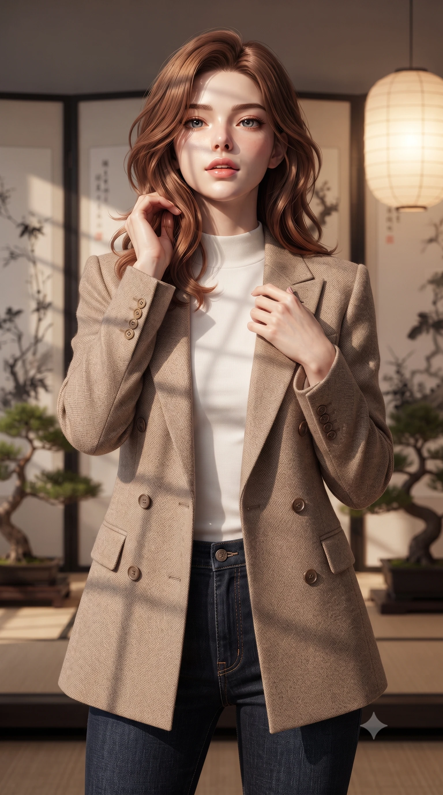 score_9, masterpiece, best quality, ultra-detailed, high-budget anime keyframe, editorial fashion photography, tasteful artistic composition, Korean woman woman. close-up cowboy shot from the waist and thighs up, the character dominates the composition, filling the frame with her large presence, background elements kept in soft focus. tilting her chin up slightly with lips parted in a composed, provocative expression the background shows a soft-focus a modern bedroom decorated with folding paper screens and bonsai plants. She has an exceptionally elegant, slender, and willowy female figure with an ultra-slim waist, a gracefully sculpted slender torso, and a refined silhouette. sharp v-shaped jawline, high-bridge nose, intricate jewel-like eyes with depth, thick eyelashes, glossy lips with a natural sheen. wearing a tailored tailored double-breasted blazer in sand wool, worn over a white mock-neck tee and denim jeans. warm glowing paper lanterns casting soft, diffused grid-like shadow lines. ultra-reflective glossy finish, specular highlights, metallic sheen, high-contrast stereoscopic depth, volumetric dynamic lighting, 2k, ultra detail, master piece, 9:16 ratio