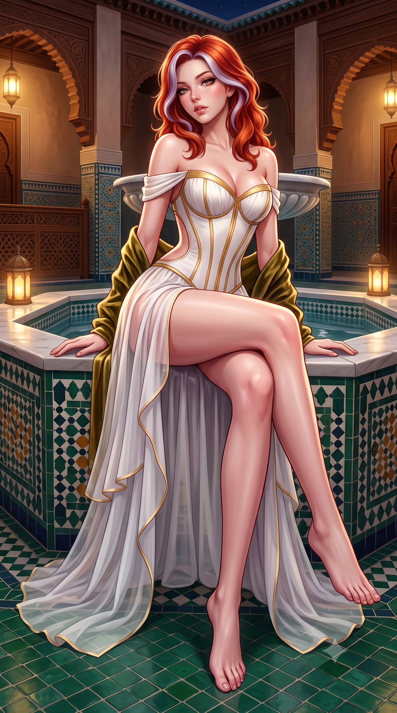 score_9, masterpiece, best quality, ultra-detailed, high-budget anime keyframe, semi-realistic 3D game render, editorial fashion photography, tasteful artistic composition, Caucasian woman. low angle full-body shot from head to toe showing her feet, filling the entire 9:16 vertical frame with her statuesque presence, stretching her vertical silhouette. sitting perched on the elevated edge with hips angled toward the camera and legs crossed, displaying her toned midriff and flawlessly sculpted slender limbs while standing poised on the emerald zellige tiled floor, twisting her slender torso in an alluring S-curve in the warm, fragrant desert night. The surrounding environment is rendered in vivid detail and crisp panoramic clarity. sharp geometric zellige tile glaze reflections, carved cedar woodwork, and marble fountain rim in deep focus. She has an exceptionally tall and slender model-like 8.5-heads proportion, an ultra-slim waist, a flat toned midriff, narrow delicate ribcage, and beautifully sculpted feminine hips creating a graceful, slim hourglass silhouette without any bulky heaviness, with impossibly long slender legs. sharp v-shaped jawline, high-bridge nose, intricate jewel-like eyes with depth, thick eyelashes, glossy parted lips with a natural sheen, intensely captivating and seductive bedroom-eyes expression, flawlessly proportioned anatomical accuracy, strict slender model proportions, natural body alignment, perfectly sculpted long slender limbs, ultra-slim waistline, clean dynamic posture without body distortion. wearing an off-shoulder French court corset bodice dress paired with a tiered translucent chiffon slit skirt in pure alabaster white and sun-kissed gold, woven from layered gossamer chiffon with a weightless sweeping drape, complemented by a plush velvet shawl draped loosely over her elbows, the precision-cut side openings and low-back scoop framing her graceful spine and the sensual sweep of her slim, toned hips. illuminated by soft ambient courtyard lanterns accentuating her sculpted collarbones, narrow waist, and curvy hips. highly saturated vibrant anime colors, detailed shading with soft gradients, rich glossy textures, high-contrast stereoscopic depth, volumetric dynamic lighting, master piece, 9:16 ratio