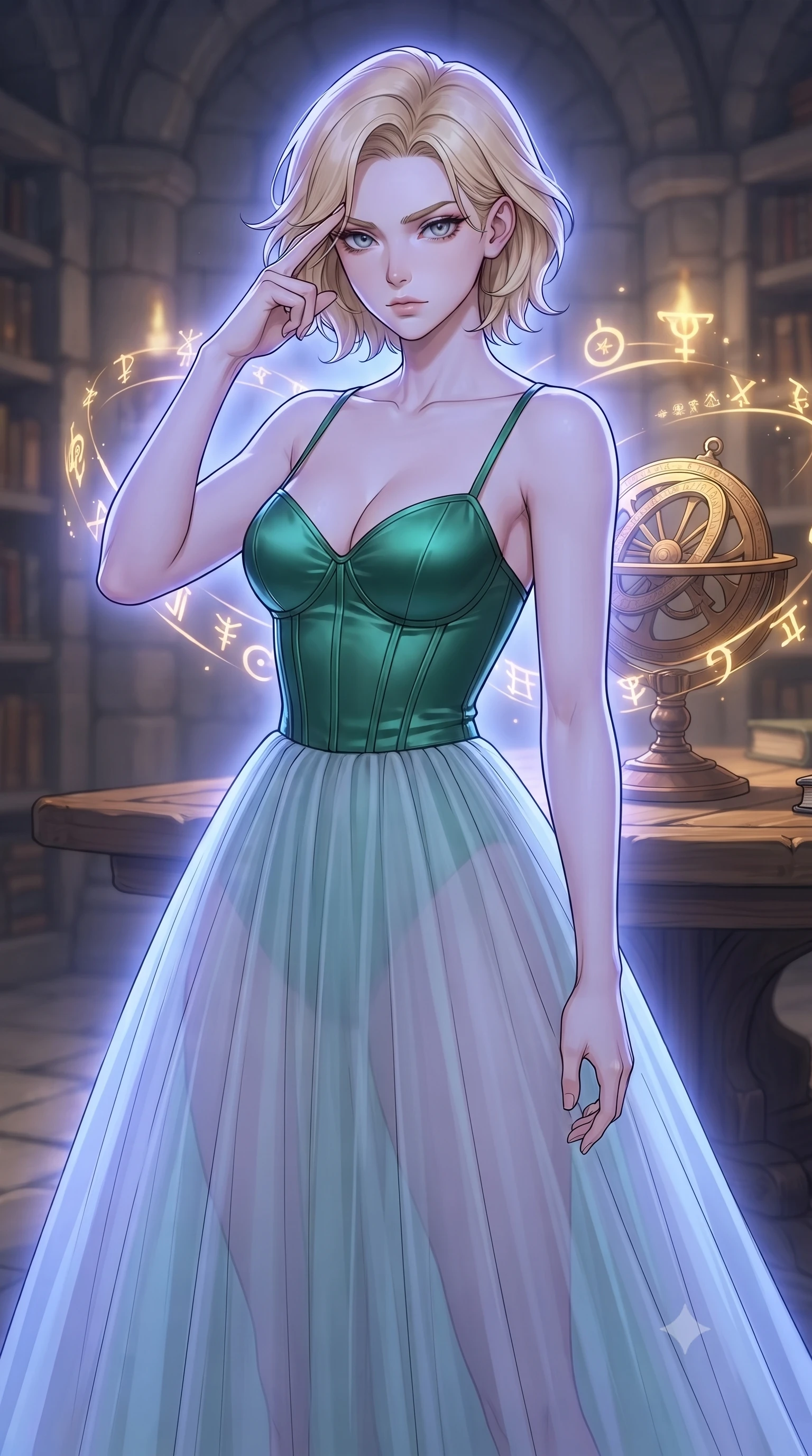 score_9, masterpiece, best quality, ultra-detailed, high-budget anime keyframe, gorgeous anime illustration, with clean line-art and distinct ink outlines, Caucasian woman, strictly human ears. close-up cowboy shot from the waist and thighs up, the character dominates the composition, filling the frame with her large presence, background elements kept in soft focus. Pressing two fingers to her temple in a composed thoughtful gesture. set against a soft-focus background of in an ancient stone library where glowing golden alchemical glyphs float in the air, orbiting around a central bronze astrolabe on a heavy oak table. She has an exceptionally elegant and slender, willowy female figure with an ultra-slim waist, a gracefully sculpted slender torso, and a refined slim physique. sharp v-shaped jawline, high-bridge nose, intricate jewel-like eyes with depth, thick eyelashes, glossy lips with a natural sheen. wearing a corset-topped gown with visible structured boning in emerald green satin, paired with a floor-length sheer tulle skirt. cool ethereal blue-violet bioluminescent glow wrapping around her from all sides. 2k, ultra detail, master piece, 9:16 ratio, vibrant anime color palette, detailed cel-shading with soft gradients, rich contrast, dynamic lighting, 2d animation style