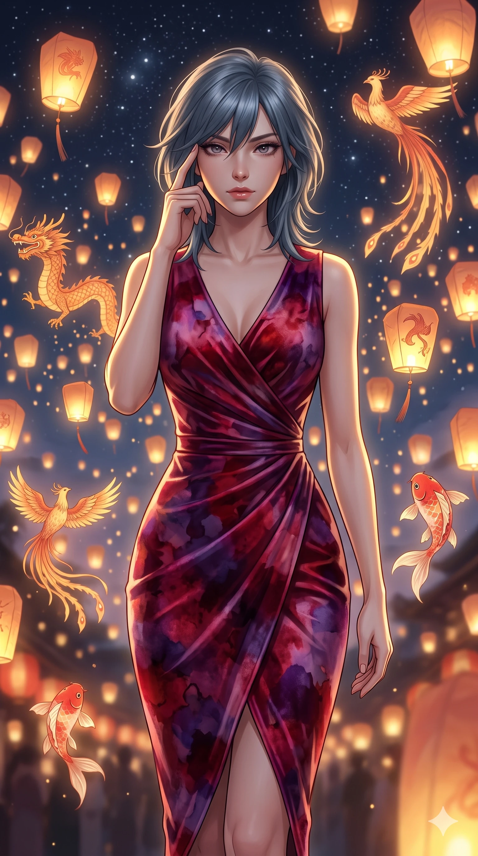 score_9, masterpiece, best quality, ultra-detailed, high-budget anime keyframe, editorial fashion photography, tasteful artistic composition, Caucasian woman, strictly human ears. close-up cowboy shot from the waist and thighs up, the character dominates the composition, filling the frame with her large presence, background elements kept in soft focus. Pressing two fingers to her temple in a composed thoughtful gesture. set against a soft-focus background of a moonlit festival where thousands of illuminated paper lanterns shaped like mythical creatures dragons phoenixes and koi fish float upward into a star-filled sky trailing warm light. She has an exceptionally elegant and slender, willowy female figure with an ultra-slim waist, a gracefully sculpted slender torso, and a refined slim physique. sharp v-shaped jawline, high-bridge nose, intricate jewel-like eyes with depth, thick eyelashes, glossy lips with a natural sheen. wearing a wrap-front fitted midi dress in deep crimson and violet watercolor velvet, drawing focus to her slender waist through strategic draping. dramatic chiaroscuro with a single golden key light sculpting her silhouette. 2k, ultra detail, master piece, 9:16 ratio