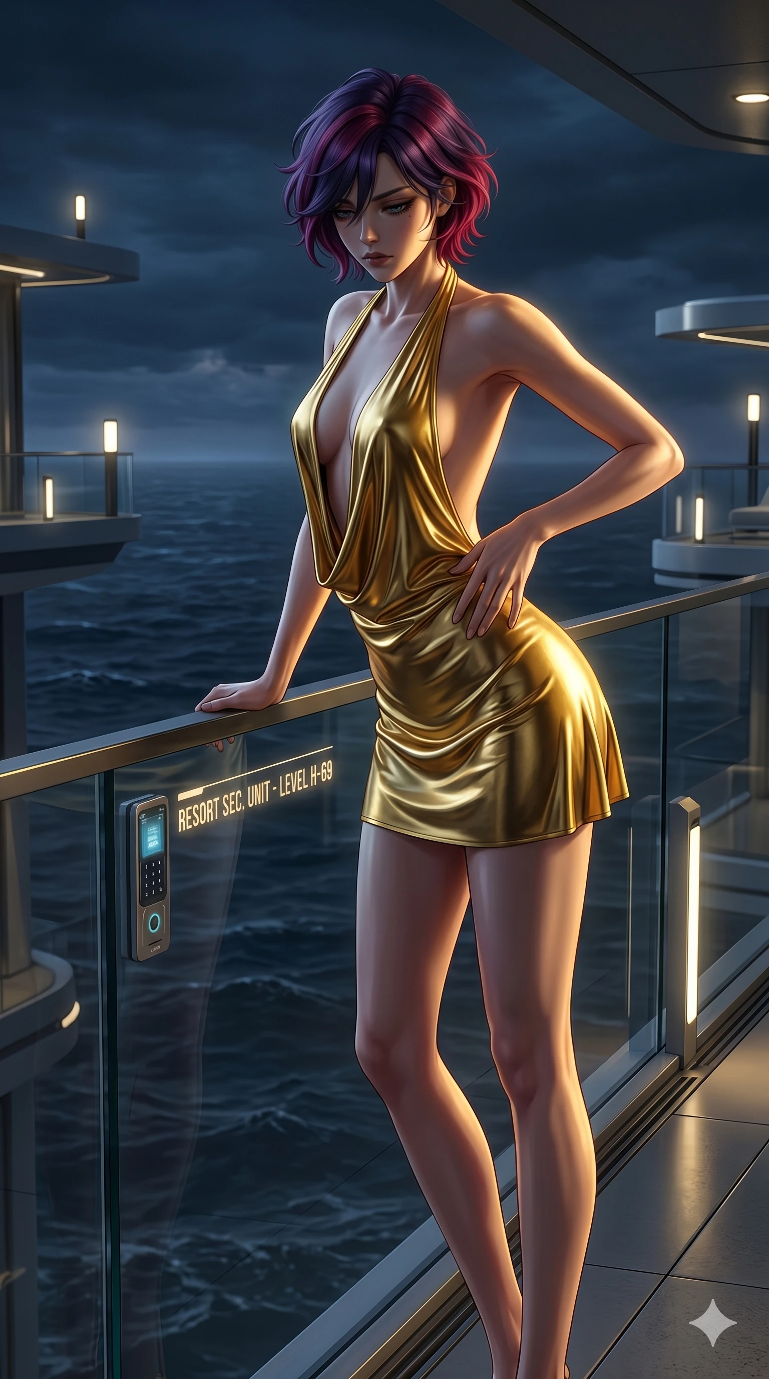 score_9, masterpiece, best quality, ultra-detailed, high-budget anime keyframe, editorial fashion photography, tasteful artistic composition, Korean woman. cowboy shot from the thighs up, character and outfit filling the frame for maximum editorial presence. looking down with lowered lashes, her expression dark and filled with silent contempt, one hand tracing her waist leaning over the glass balcony of a futuristic luxury resort by the dark sea (Scenario Code H-69). She has an absolutely perfect 8-heads proportion, an exceptionally tall and slender female figure with impossibly long slender legs and an ultra-slim waist. V-shaped jawline, high-bridge nose, intricate jewel-like eyes with depth, thick eyelashes, glossy lips with a natural sheen. wearing an ultra-deep plunging halter neck micro-dress in liquid gold jersey fabric, leaving her back fully bare. bathed in a dramatic chiaroscuro with a single golden key light cutting through the shadows. 2k, ultra detail, master piece, 9:16 ratio
