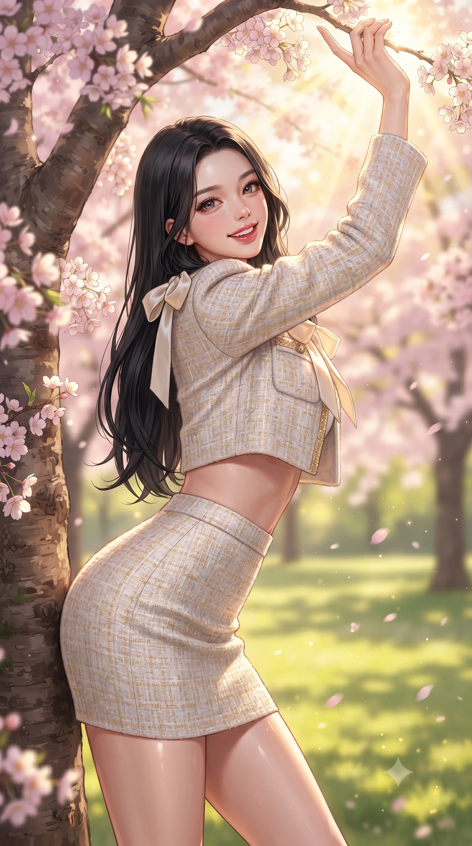 score_9, masterpiece, best quality, ultra-detailed, high-budget anime keyframe, editorial fashion photography, tasteful artistic composition, Korean woman. close-up cowboy shot from the waist and thighs up, the character dominates the composition, filling the frame with her large presence. playfully stretching one arm overhead toward the sun, her radiant smile capturing fresh girlhood charm while her arched torso reveals an intoxicating hip contour while leaning against a flowering cherry tree trunk with hips cocked back, looking over a bare shoulder with an enchanting, playful girlhood charm. The composition keeps background elements in soft focus with dreamy creamy bokeh. cascading pink cherry blossom canopies and sunlit green lawns blurred into soft sakura-pink, lime, and golden sunbeam bokeh. She has an exceptionally elegant, slender, and willowy female figure with an ultra-slim waist, flat toned midriff, narrow ribcage, and sculpted feminine hips creating an alluring, slim hourglass silhouette without bulk. sharp v-shaped jawline, high-bridge nose, intricate jewel-like sparkling eyes with depth, thick eyelashes, glossy parted lips with a natural peach sheen, bright cheerful beaming smile with an enchanting and coquettish sensual glint, exuding both youthful cute charm and seductive allure, flawlessly proportioned anatomical accuracy, strict slender model proportions, natural body alignment, perfectly sculpted long slender limbs, ultra-slim waistline, clean dynamic posture without body distortion. wearing a cute pastel tweed two-piece set with a cropped jacket and ultra-fitted high-waisted mini skirt tracing her hips in pure alabaster white and sun-kissed gold, crafted from soft breathable linen with effortless natural drape, finished with cute satin bow ribbons tying at the shoulders, the form-fitting cut adhering flawlessly to her sculpted flat midriff and slender torso, emphasizing her long leg lines and perfectly proportioned willowy build. bathed in warm, golden spring morning sunlight streaming through flowering tree canopies. ultra-reflective glossy finish, specular highlights, rich textural contrasts, high-contrast stereoscopic depth, volumetric dynamic lighting, 2k, ultra detail, master piece, 9:16 ratio