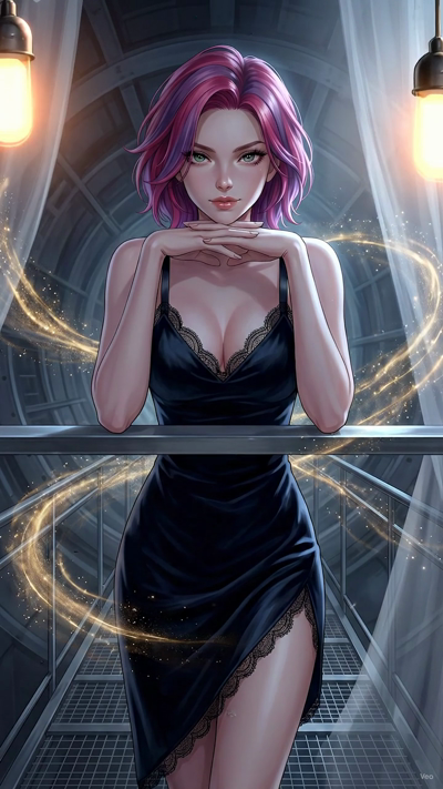 A cinematic 2D anime animation. The warm pendant lights and neon highlights glow brighter and pulse gently. Volumetric dust motes drift lazily through the warm orange sunbeams. The camera executes a slow, steady orbit around the character. Subtle shi