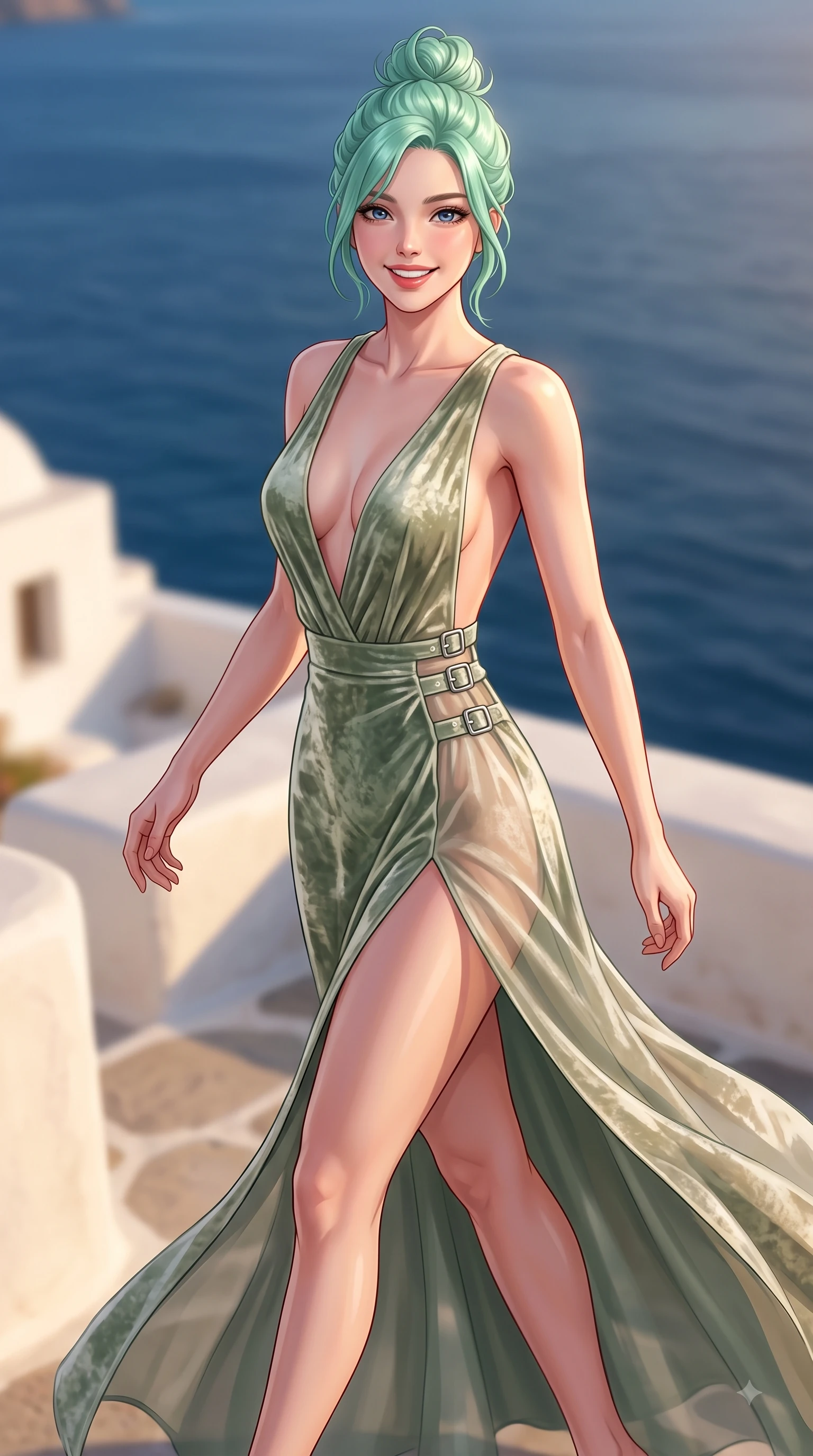 score_9, masterpiece, best quality, ultra-detailed, high-budget anime keyframe, editorial fashion photography, tasteful artistic composition, Japanese woman. close-up cowboy shot from the waist and thighs up, the character dominates the composition, filling the frame with her large presence, background elements kept in soft focus. Cheerful beaming smile with parted lips, exuding pure enchanting charm while turning dynamically toward the camera while stepping cheerfully along a whitewashed stone terrace overlooking the deep blue Aegean sea, fresh sea breezes swaying her lightweight resort gown into fluid, uplifting motions. She has an exceptionally elegant, slender, and willowy female figure with an ultra-slim waist, a gracefully sculpted slender torso, and a refined silhouette. sharp v-shaped jawline, high-bridge nose, intricate jewel-like eyes with depth, thick eyelashes, glossy lips with a natural sheen, flawlessly proportioned anatomical accuracy, natural body alignment, perfectly sculpted elegant limbs, clean dynamic posture without body distortion. wearing a backless crushed velvet gown with a deep V-neckline and high thigh slit in sage green and oatmeal, woven from fine semi-opaque sheer organza, detailed with polished silver buckles along the waistline, the sleek second-skin texture accentuating her magnetic presence. illuminated by warm golden sunlight with soft terracotta ambient fill. highly saturated vibrant anime colors, detailed shading with soft gradients, rich glossy textures, high-contrast stereoscopic depth, volumetric dynamic lighting, master piece, 9:16 ratio