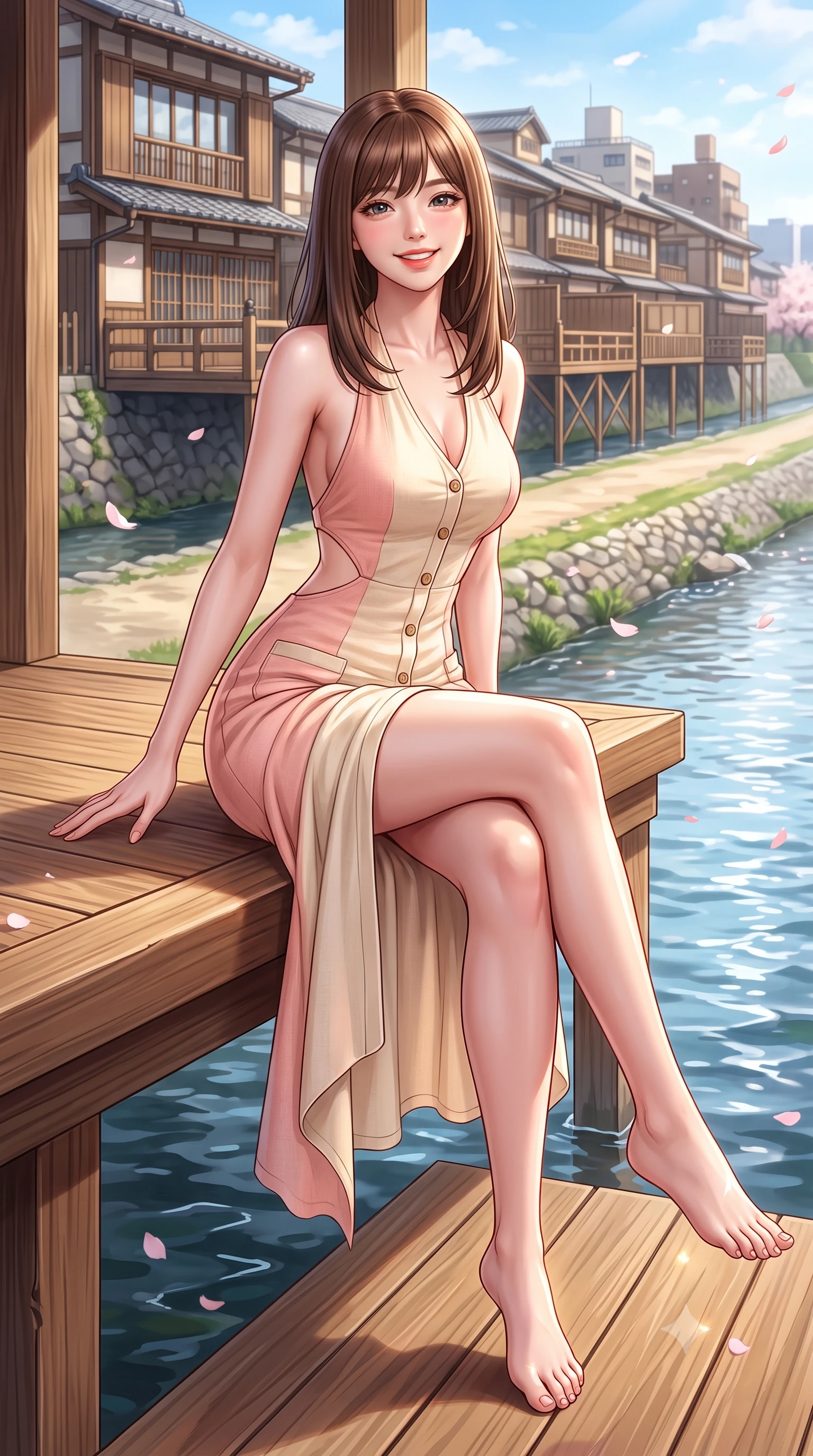 score_9, masterpiece, best quality, ultra-detailed, high-budget anime keyframe, semi-realistic 3D game render, editorial fashion photography, tasteful artistic composition, Korean woman. low angle full-body shot from head to toe showing her feet, filling the entire 9:16 vertical frame with her statuesque presence, stretching her vertical silhouette. sitting perched on the elevated edge with legs crossed and hips angled toward the camera, displaying her toned midriff and long slender limbs with a joyful, coquettish smile while standing poised on the sun-warmed wooden veranda, twisting her slender torso in an alluring S-curve in the gentle spring river breeze. The surrounding environment is rendered in vivid detail and crisp panoramic clarity. detailed silk dress drape, soft sun glints on skin, and Kyoto riverbank architecture in high resolution. She has an exceptionally tall and slender model-like 8.5-heads proportion, an ultra-slim waist, a flat toned midriff, narrow delicate ribcage, and beautifully sculpted feminine hips creating a graceful, slim hourglass silhouette without any bulky heaviness, with impossibly long slender legs. sharp v-shaped jawline, high-bridge nose, intricate jewel-like sparkling eyes with depth, thick eyelashes, glossy parted lips with a natural peach sheen, bright cheerful beaming smile with an enchanting and coquettish sensual glint, exuding both youthful cute charm and seductive allure, flawlessly proportioned anatomical accuracy, strict slender model proportions, natural body alignment, perfectly sculpted long slender limbs, ultra-slim waistline, clean dynamic posture without body distortion. wearing a backless pastel halter sundress with side-waist diamond cutouts and an ultra-fitted hip-hugging silhouette in pastel peach blossom pink and warm champagne ivory, crafted from soft breathable linen with effortless natural drape, finished with neat front wooden buttons and delicate pocket details, the high-waisted tailoring accentuating her ultra-slim waistline and the enchanting curve of her feminine hips with alluring charm. illuminated by gentle water surface reflections sharply defining her razor-sharp jawline, narrow waist, and curvy hips. highly saturated vibrant anime colors, detailed shading with soft gradients, rich glossy textures, high-contrast stereoscopic depth, volumetric dynamic lighting, master piece, 9:16 ratio