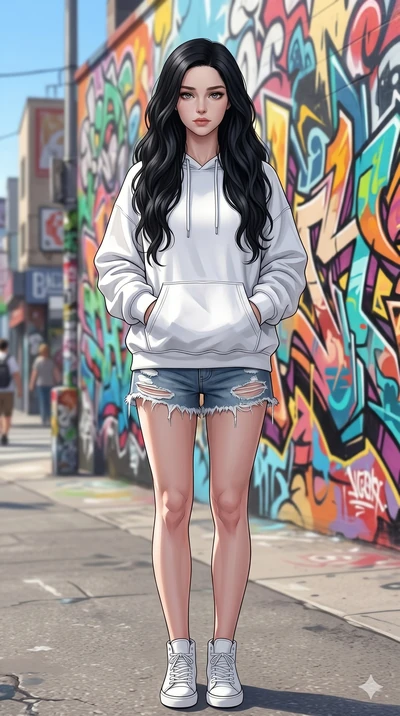 score_9, score_8_up, score_7_up, source_anime, masterpiece, best quality, ultra-detailed, same character with long flowing black hair, wearing an oversized white hoodie and distressed denim shorts, full body shot standing with hands in pockets, sunny