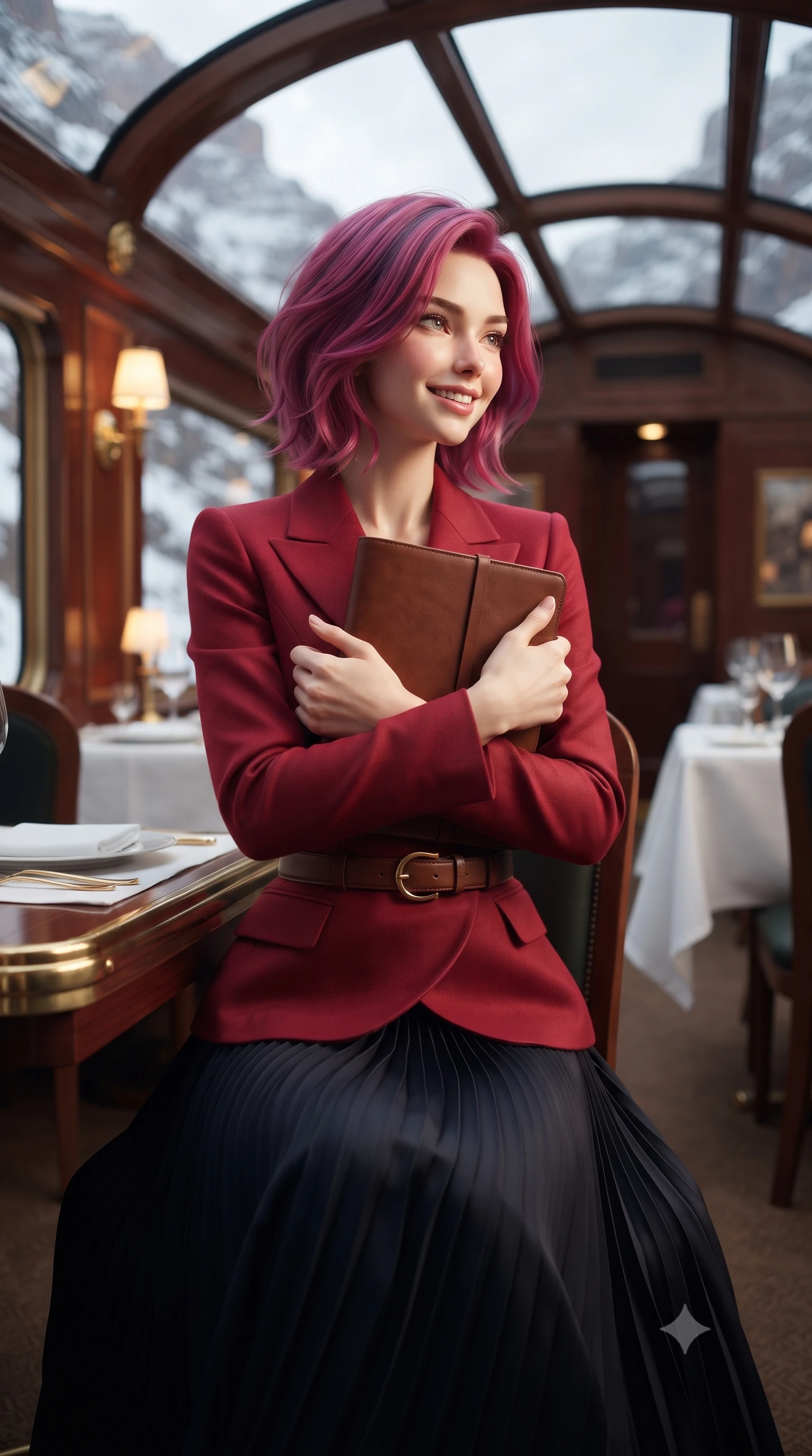 score_9, masterpiece, best quality, ultra-detailed, high-budget anime keyframe, editorial fashion photography, tasteful artistic composition, Caucasian woman. close-up cowboy shot from the waist and thighs up, the character dominates the composition, filling the frame with her large presence. holding a leather notebook close to her chest with both arms, smiling delightfully with youthful scholarly grace while sitting poised at the brass-trimmed wood dining table beneath the curved glass ceiling, watching snow canyons sweep past with an enchanted smile. The background shows a soft-focus polished train car interior brass sconces and white linen table settings softened in vintage luxury rail romance shallow focus. She has an exceptionally elegant, slender, and willowy female figure with an ultra-slim waist, flat toned midriff, narrow ribcage, and sculpted feminine hips creating an alluring, slim hourglass silhouette without bulk. sharp v-shaped jawline, high-bridge nose, intricate jewel-like sparkling eyes with depth, thick eyelashes, glossy parted lips with a natural peach sheen, bright cheerful beaming smile with an enchanting and coquettish sensual glint, exuding both youthful cute charm and seductive allure, flawlessly proportioned anatomical accuracy, strict slender model proportions, natural body alignment, perfectly sculpted long slender limbs, ultra-slim waistline, clean dynamic posture without body distortion. wearing an asymmetrical-wrap tailored wool jacket with clean geometric lines paired with a structured pleated maxi skirt in Kyoto autumn maple crimson and deep ink black, crafted from fluid mulberry silk twill with an understated lustrous pearl finish, finished with a smooth equestrian bridle-leather belt with a polished brass horseshoe buckle, the streamlined silhouette following her natural slender proportions with sophisticated poise, enhancing her tall willowy presence. illuminated by cherrywood interior reflection fill and sharp silver-gold rim lights defining her razor-sharp jawline and willowy silhouette. ultra-reflective glossy finish, specular highlights, rich textural contrasts, high-contrast stereoscopic depth, volumetric dynamic lighting, 2k, ultra detail, master piece, 9:16 ratio
