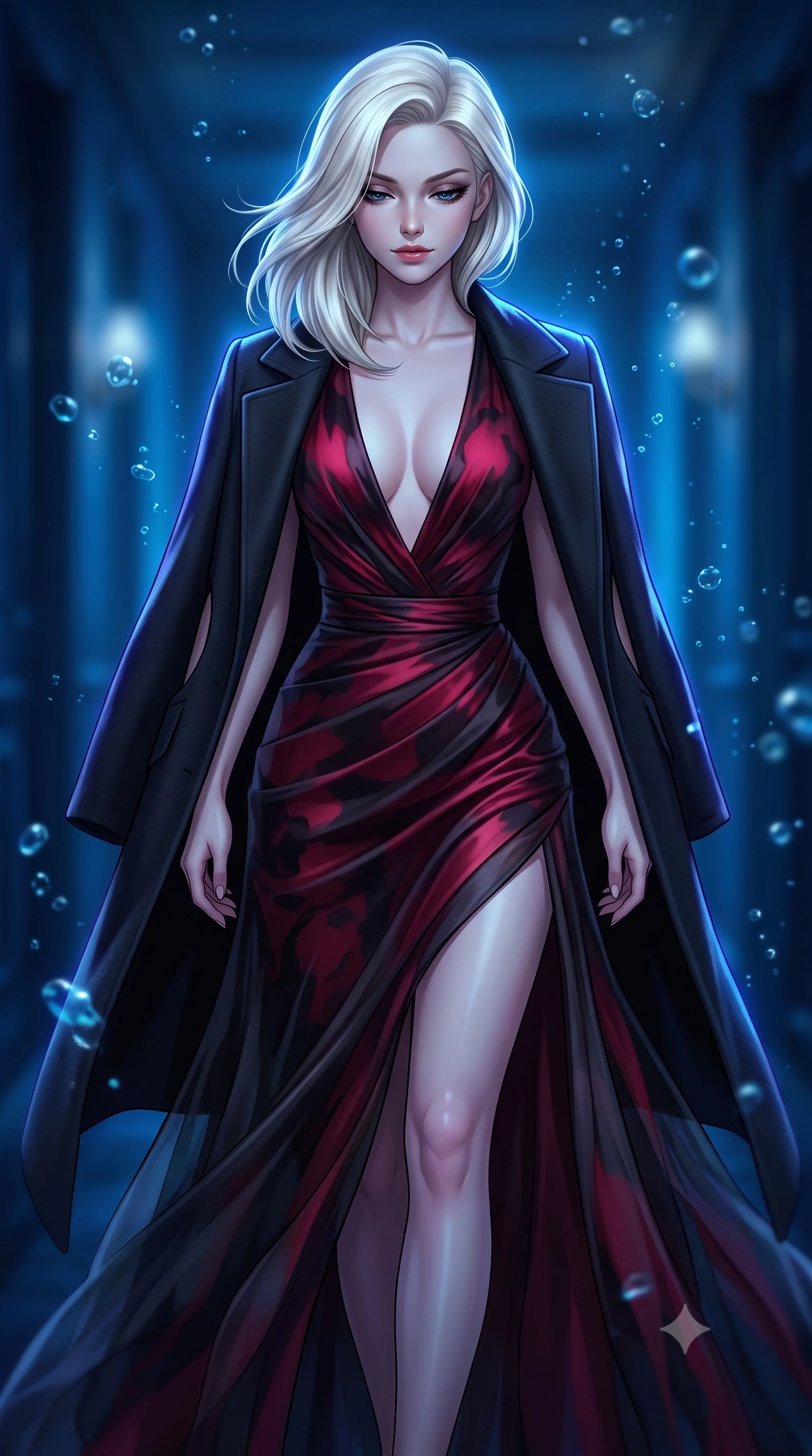 score_9, masterpiece, best quality, ultra-detailed, high-budget anime keyframe, semi-realistic 3D game render, editorial fashion photography, tasteful artistic composition, Caucasian woman. close-up cowboy shot from the waist and thighs up, the character dominates the composition, filling the frame with her large presence. glancing down over lowered lashes before meeting the camera with quiet, devastating intensity, her tailored outfit tracing her ultra-slim waist and hips while walking slowly down the darkened blue-lit corridor with sovereign grace, her long slender legs and hourglass curves silhouetted against pulsating sea glow. The composition keeps background elements in soft focus with dreamy creamy bokeh. deep ocean water currents and floating air micro-bubbles softened in surreal aquatic shallow focus. She has an exceptionally elegant, slender, and willowy female figure with an ultra-slim waist, flat toned midriff, narrow ribcage, and sculpted feminine hips creating an alluring, slim hourglass silhouette without bulk. sharp v-shaped jawline, high-bridge nose, intricate jewel-like dark sparkling eyes with dangerous depth, thick curled eyelashes, glossy parted lips with a rich wine sheen, smoldering seductive half-smile with bedroom-eyes, exuding effortless superiority and intoxicating dark allure, flawlessly proportioned anatomical accuracy, strict slender model proportions, natural body alignment, perfectly sculpted long slender limbs, ultra-slim waistline, clean dynamic posture without body distortion. wearing a deep plunging-V silk jersey evening gown with an open back scoop and waist-cinching gold ring in ruby crimson and muted shadow black, crafted from layered gossamer black organza with weightless, smoky flutter, complemented by an oversized dark cashmere coat draped casually over one shoulder, the precision-cut side openings and low-back scoop framing her graceful spine and the sensual sweep of her slim, toned hips. illuminated by pulsating ultraviolet rim lights and caustic water reflections sharply carving her razor-sharp jawline, narrow waist, and curvy hips. highly saturated vibrant anime colors, detailed shading with soft gradients, rich glossy textures, high-contrast stereoscopic depth, volumetric dynamic lighting, master piece, 9:16 ratio