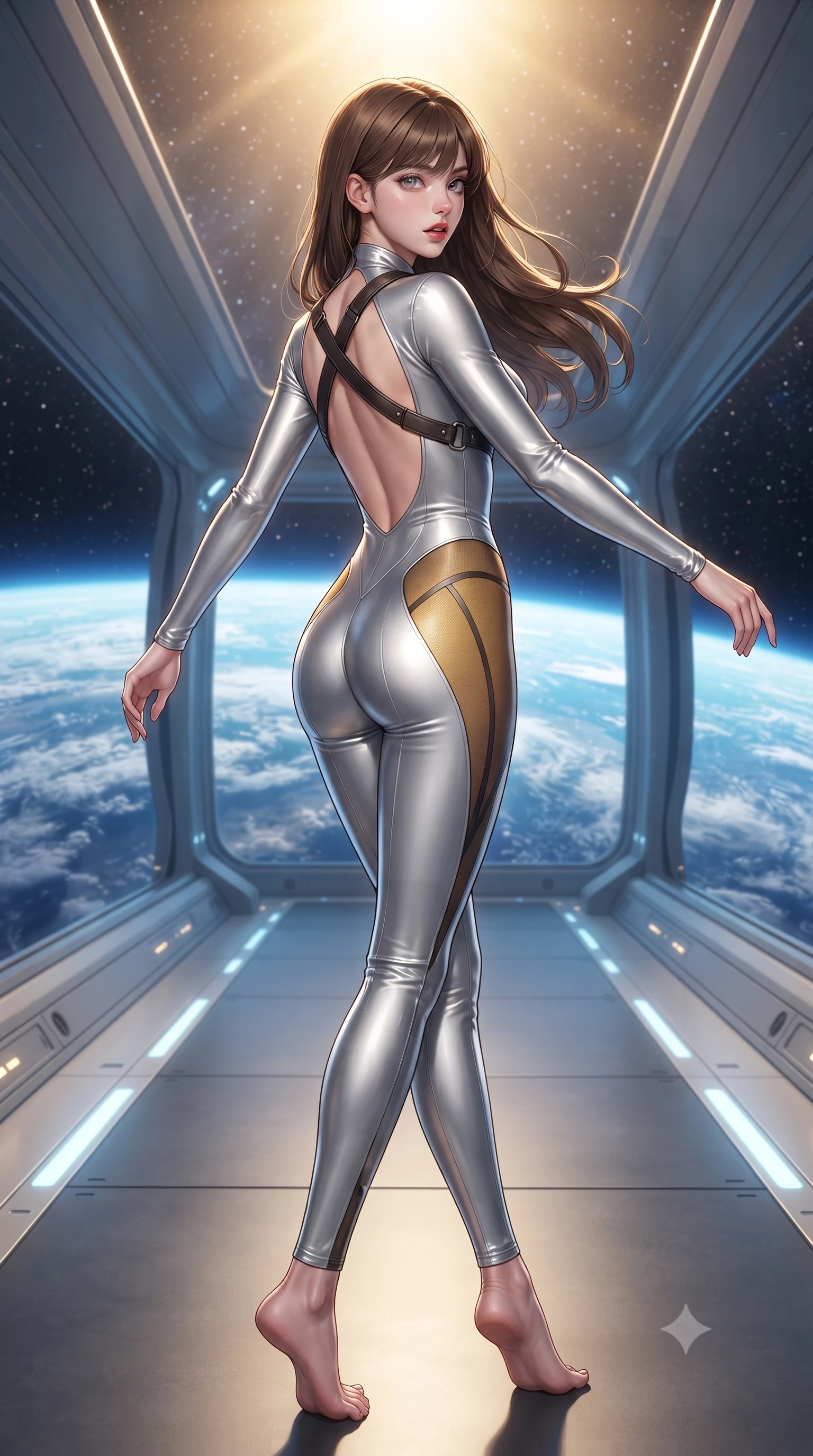 score_9, masterpiece, best quality, ultra-detailed, high-budget anime keyframe, editorial fashion photography, tasteful artistic composition, Korean woman. low angle full-body shot from head to toe showing her feet, filling the entire 9:16 vertical frame with her statuesque presence, stretching her vertical silhouette. executing an elegant mid-motion pivot turn as garments swirl around her slender limbs, glancing over her shoulder with an intoxicating bedroom-gaze while pivoting gracefully along the illuminated orbital corridor, her liquid metallic garments clinging to her sculpted flat midriff and feminine hips. The surrounding environment is rendered in vivid detail and crisp panoramic clarity. detailed aerodynamic space fabric sheen, Earth cloud filament clarity, and starlight reflections in high resolution. She has an exceptionally tall and slender model-like 8.5-heads proportion, an ultra-slim waist, a flat toned midriff, narrow delicate ribcage, and beautifully sculpted feminine hips creating a graceful, slim hourglass silhouette without any bulky heaviness, with impossibly long slender legs. sharp v-shaped jawline, high-bridge nose, intricate jewel-like eyes with depth, thick eyelashes, glossy parted lips with a natural sheen, intensely captivating and seductive bedroom-eyes expression, flawlessly proportioned anatomical accuracy, strict slender model proportions, natural body alignment, perfectly sculpted long slender limbs, ultra-slim waistline, clean dynamic posture without body distortion. wearing a liquid-silver aerodynamic space-couture catsuit with an open scooped back and sheer contouring mesh hip panels in molten amber-gold and dark gunmetal, tailored from water-resistant treated wool gabardine and flexible stretch silk, featuring an open-back criss-cross harness strap in dark leather, the second-skin form-contouring cut accentuating her sculpted flat midriff, narrow delicate ribcage, and gracefully curvy hips with supermodel precision. bathed in radiant golden orbital sunrise backlighting and ambient cool blue Earth glow from below. ultra-reflective glossy finish, specular highlights, rich textural contrasts, high-contrast stereoscopic depth, volumetric dynamic lighting, 2k, ultra detail, master piece, 9:16 ratio
