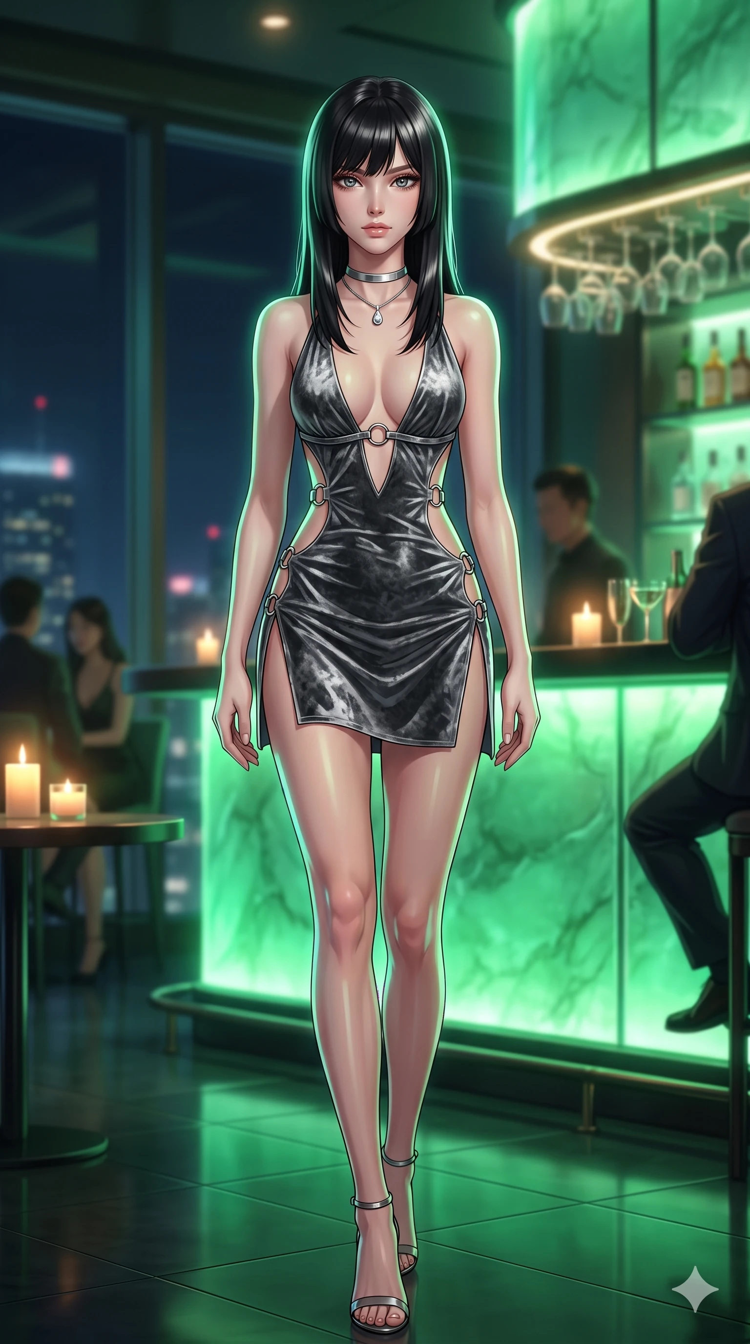 score_9, masterpiece, best quality, ultra-detailed, high-budget anime keyframe, semi-realistic 3D game render, editorial fashion photography, tasteful artistic composition, Caucasian woman. low angle full-body shot from head to toe showing her feet, filling the entire 9:16 vertical frame with her statuesque presence, stretching her vertical silhouette. stepping slowly toward the camera with hypnotic grace, hips swaying in an alluring sensual rhythm that accentuates her curvy hourglass silhouette and long slender legs while twisting her slender torso in an alluring contrapposto stance, translucent jade backlight and neon reflections tracing her flat midriff and hourglass curves. The background shows a soft-focus intimate high-floor cyber-lounge atmosphere softened in jade bar shallow focus. She has an exceptionally tall and slender model-like 8.5-heads proportion, an ultra-slim waist, a flat toned midriff, narrow delicate ribcage, and beautifully sculpted feminine hips creating a graceful, slim hourglass silhouette without any bulky heaviness, with impossibly long slender legs. sharp v-shaped jawline, high-bridge nose, intricate jewel-like sparkling eyes with depth, thick eyelashes, glossy parted lips with a natural sheen, intensely captivating and seductive bedroom-eyes expression, exuding both youthful cute charm and sovereign luxury allure, flawlessly proportioned anatomical accuracy, strict slender model proportions, natural body alignment, perfectly sculpted long slender limbs, ultra-slim waistline, clean dynamic posture without body distortion. wearing a backless crushed velvet mini dress with a deep plunging neckline and hip-high thigh slit in charcoal grey and polished chrome, adorned with delicate chrome ring hardware and cutouts along her slender waist, finished with a minimalist chrome choker and a single teardrop diamond pendant, the glove-like clinging cut tightly following the natural contour of her hips and long slender legs with youthful 8.5-heads elegance. bathed in the ethereal, soothing emerald-green luminescence of the backlit jade counter combined with warm candlelit accent lights. highly saturated vibrant anime colors, detailed shading with soft gradients, rich glossy textures, high-contrast stereoscopic depth, volumetric dynamic lighting, master piece, 9:16 ratio
