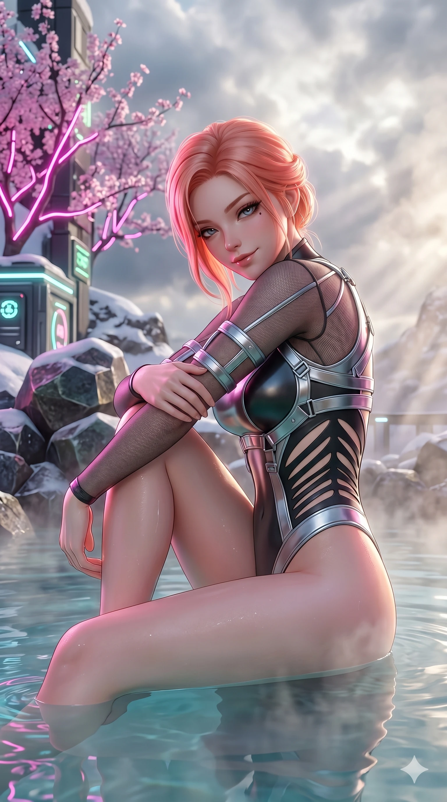 score_9, masterpiece, best quality, ultra-detailed, high-budget anime keyframe, semi-realistic 3D game render, Japanese woman. Upper body close-up from the thighs up, character filling the screen for maximum presence. She is relaxing in a futuristic geothermal hot spring surrounded by snow and neon cherry trees. She wraps her arms around her knees, looking over her shoulder with bedroom eyes. She has an absolutely perfect 8-heads proportion, an exceptionally tall and slender female figure with impossibly long slender legs and an ultra-slim waist. V-shaped jawline, high-bridge nose, intricate jewel-like eyes with depth, thick eyelashes, glossy lips with a natural sheen. She is wearing an ultra-sleek high-cut tech-bodysuit featuring dangerous diagonal slitted cutouts on the midriff and shoulders, reinforced by a metallic silver harness and sheer mesh sleeves. The scene is bathed in soft morning sun filtering through dense steam and a sharp pink neon key light. 2k, ultra detail, master piece, 9:16 ratio