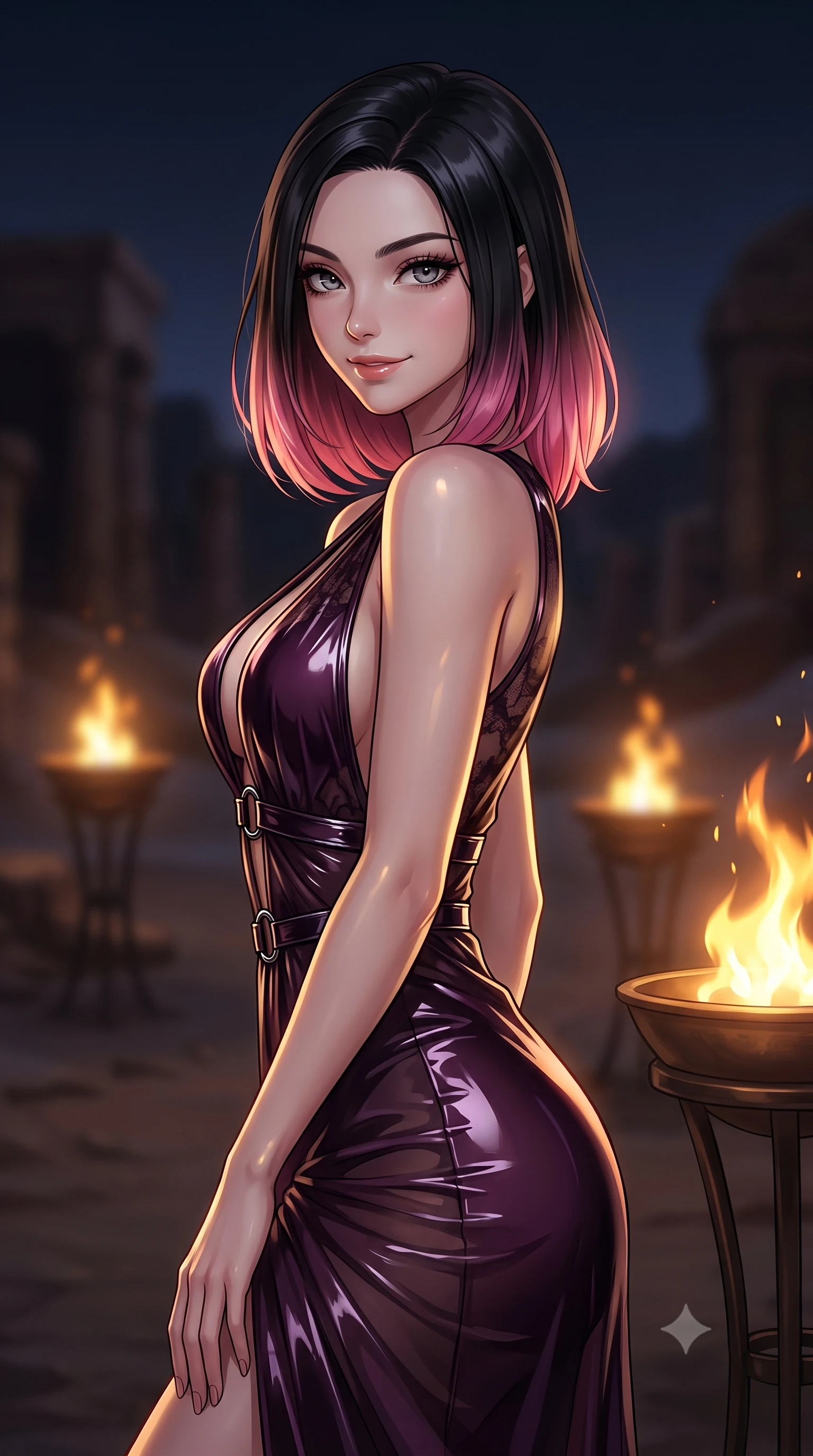 score_9, masterpiece, best quality, ultra-detailed, high-budget anime keyframe, editorial fashion photography, tasteful artistic composition, Korean woman. close-up cowboy shot from the waist and thighs up, the character dominates the composition, filling the frame with her large presence, background elements kept in soft focus. Smiling with quiet, magnetic self-assurance directly into the camera, looking back with a magnetic gaze as bronze braziers cast warm rim rays, flickering bronze brazier light casting warm golden rays across her body. She has an exceptionally elegant, slender, and willowy female figure with an ultra-slim waist, a gracefully sculpted slender torso, and a refined silhouette. sharp v-shaped jawline, high-bridge nose, intricate jewel-like eyes with depth, thick eyelashes, glossy lips with a natural sheen. wearing gothic nebula sheer dark lace gown with plunging neckline in dark plum violet, made of high-gloss liquid vinyl, trimmed with dark chrome ring hardware along the waist contours, the fitted fabric emphasizing her ultra-slim waist. lit by low-key flame light piercing through dark desert night air. highly saturated vibrant anime colors, detailed shading with soft gradients, rich glossy textures, high-contrast stereoscopic depth, volumetric dynamic lighting, master piece, 9:16 ratio