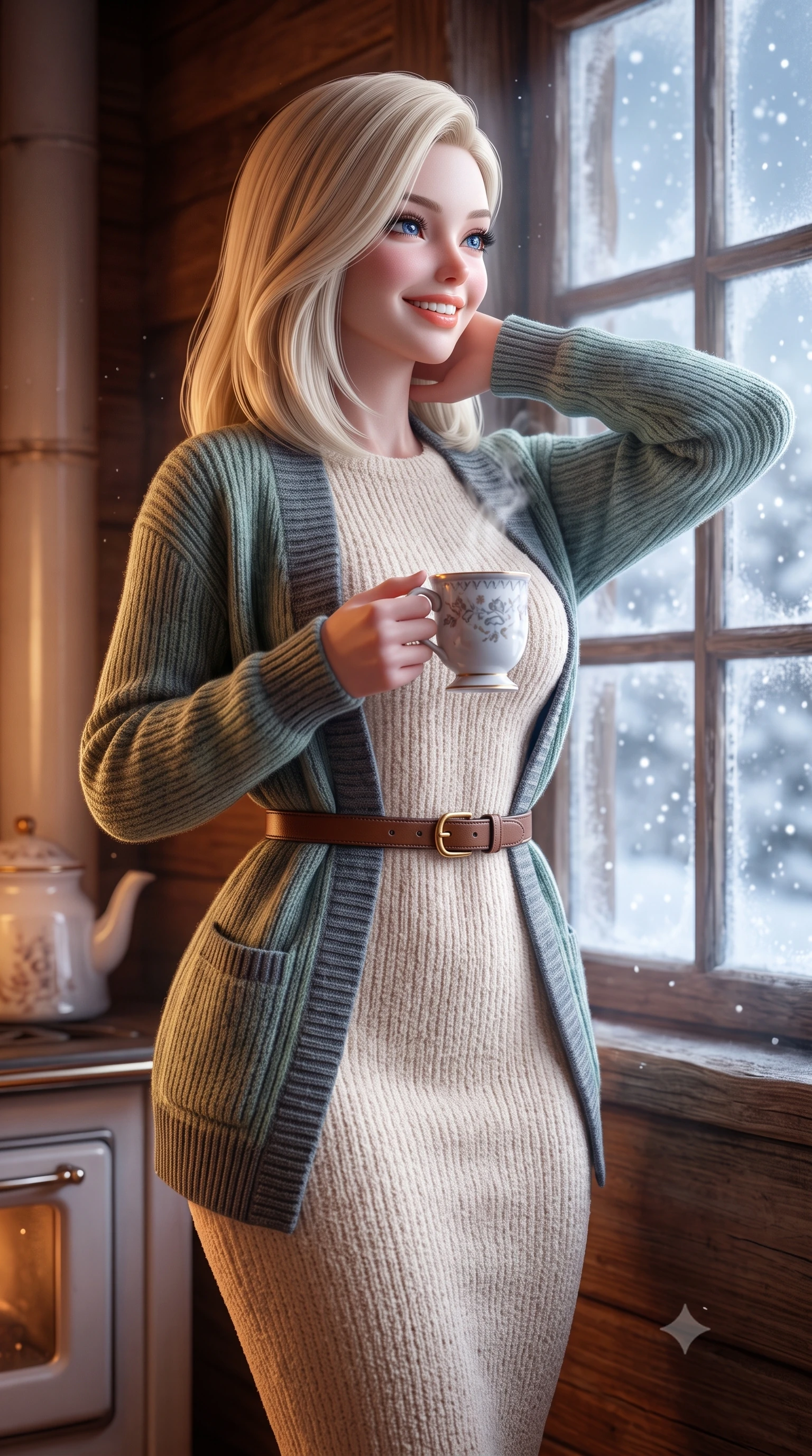 score_9, masterpiece, best quality, ultra-detailed, high-budget anime keyframe, semi-realistic 3D game render, editorial fashion photography, tasteful artistic composition, Caucasian woman. close-up cowboy shot from the waist and thighs up, the character dominates the composition, filling the frame with her large presence. resting one hand lightly behind her neck, arching her back with supermodel poise while beaming with an infectious radiant smile while walking toward the frosted timber window with a steaming porcelain mug, looking out at the falling snowflakes with wonder. The background shows a soft-focus softly falling snowflakes outside frosted panes softened in intimate alpine winter hideaway shallow focus. She has an exceptionally elegant, slender, and willowy female figure with an ultra-slim waist, flat toned midriff, narrow ribcage, and sculpted feminine hips creating an alluring, slim hourglass silhouette without bulk. sharp v-shaped jawline, high-bridge nose, intricate jewel-like sparkling eyes with depth, thick eyelashes, glossy parted lips with a natural peach sheen, bright cheerful beaming smile with an enchanting and coquettish sensual glint, exuding both youthful cute charm and seductive allure, flawlessly proportioned anatomical accuracy, strict slender model proportions, natural body alignment, perfectly sculpted long slender limbs, ultra-slim waistline, clean dynamic posture without body distortion. wearing a form-fitting plush chenille knit bodycon dress hugging her torso and hips, layered with a belted open wool cardigan in misty Arashiyama bamboo green and slate grey, tailored from form-contouring ribbed merino wool hugging her torso like a second skin, finished with a slim equestrian bridle-leather belt cinched tightly at the narrowest point of her waist, the body-conscious tailored knit hugging her sculpted torso and curvaceous hips in a seamless, fluid line that highlights her statuesque model proportions. bathed in cozy 2700K warm ambient candlelight and soft porcelain stove radiance combined with cool winter window light. highly saturated vibrant anime colors, detailed shading with soft gradients, rich glossy textures, high-contrast stereoscopic depth, volumetric dynamic lighting, master piece, 9:16 ratio