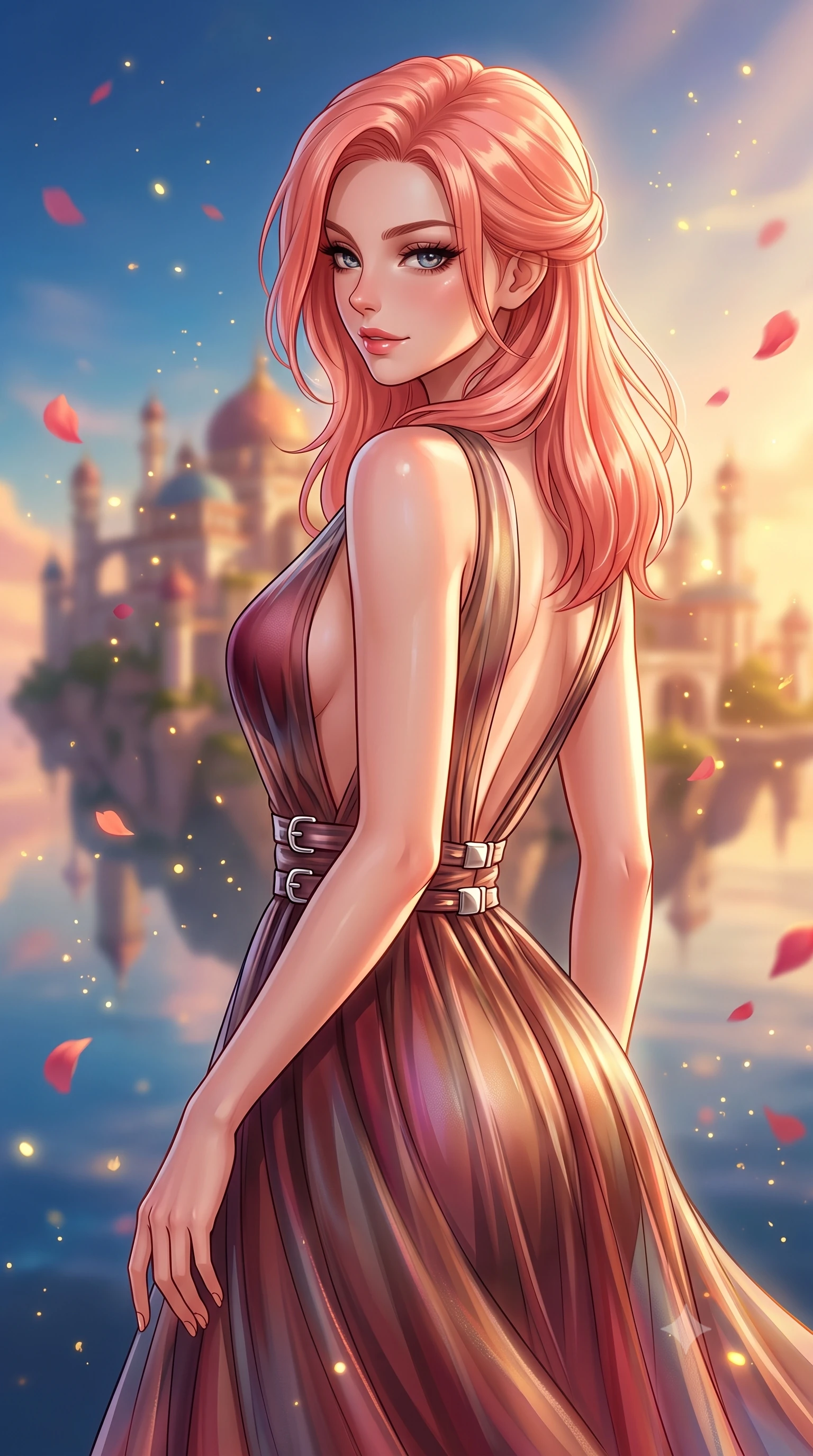 score_9, masterpiece, best quality, ultra-detailed, high-budget anime keyframe, editorial fashion photography, tasteful artistic composition, Japanese woman. close-up cowboy shot from the waist and thighs up, the character dominates the composition, filling the frame with her large presence, background elements kept in soft focus. Glancing sidelong over her shoulder with a smoldering half-smile and heavy lashes gazing out at a dreamlike palace archipelago suspended in golden hour light, floating rose petals and golden dust motes sparkling in the air. She has an exceptionally elegant, slender, and willowy female figure with an ultra-slim waist, a gracefully sculpted slender torso, and a refined silhouette. sharp v-shaped jawline, high-bridge nose, intricate jewel-like eyes with depth, thick eyelashes, glossy lips with a natural sheen. wearing a translucent iridescent chiffon gown with a plunging neckline and open back in deep burgundy and bronze, woven from fine semi-opaque sheer organza, detailed with polished silver buckles along the waistline, the elegant draped fit framing her graceful clavicle and slender torso. surrounded by a bright, luxurious aura of warm sunshine and sky reflections. highly saturated vibrant anime colors, detailed shading with soft gradients, rich glossy textures, high-contrast stereoscopic depth, volumetric dynamic lighting, master piece, 9:16 ratio
