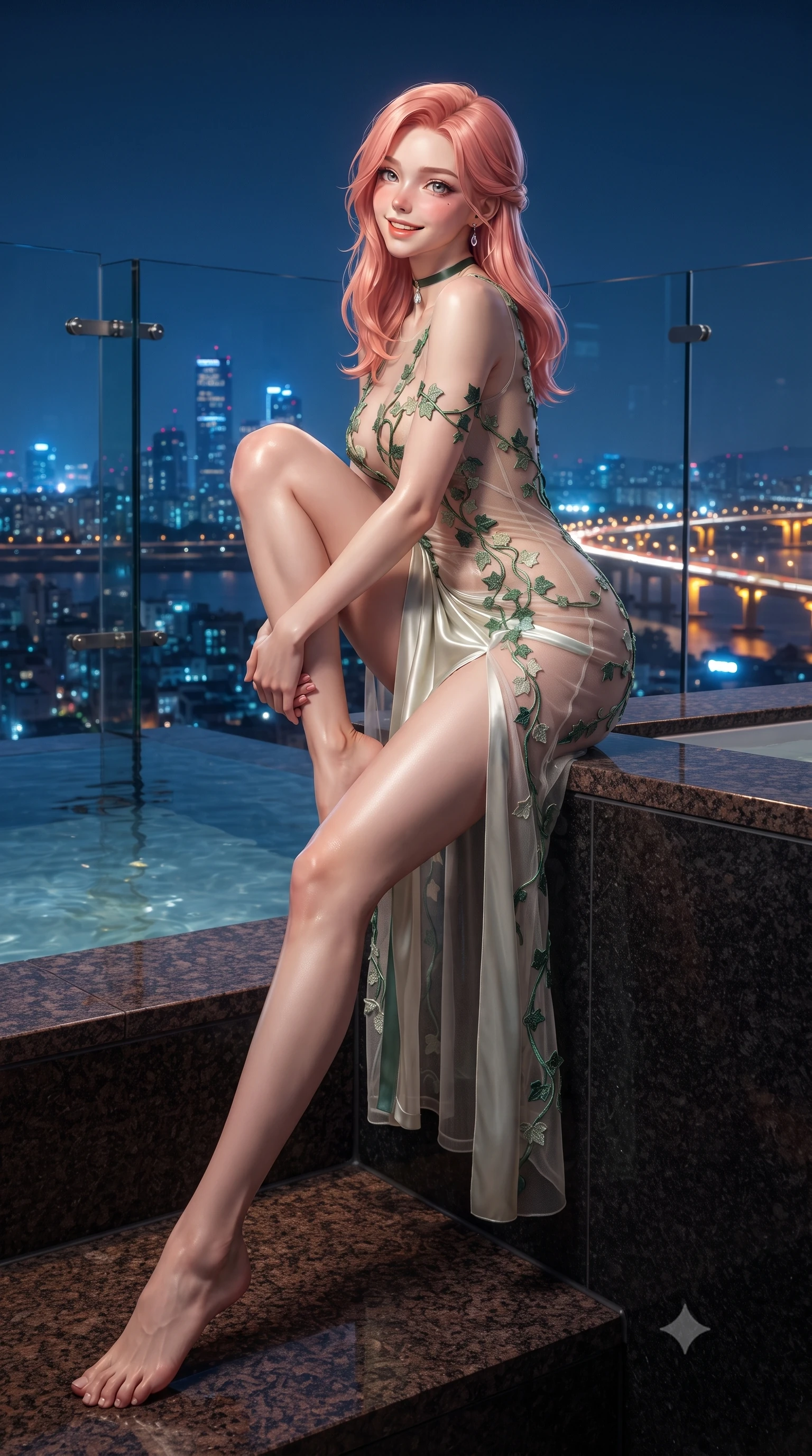 score_9, masterpiece, best quality, ultra-detailed, high-budget anime keyframe, editorial fashion photography, tasteful artistic composition, Japanese woman. low angle full-body shot from head to toe showing her feet, filling the entire 9:16 vertical frame with her statuesque presence, stretching her vertical silhouette. executing a slow, graceful pivot turn as her skirt sways around her slender legs, glancing back with an enchanting, teasing sensual expression while sitting perched on the warm dark granite tub coping with one knee drawn up, her statuesque 8.5-heads silhouette commanding the midnight vista. The surrounding environment is rendered in vivid detail and crisp panoramic clarity: sharp structural cantilever glass joints, honed black granite coping textures, and stainless steel hardware in deep focus. She has an exceptionally tall and slender model-like 8.5-heads proportion, an ultra-slim waist, a flat toned midriff, narrow delicate ribcage, and beautifully sculpted feminine hips creating a graceful, slim hourglass silhouette without any bulky heaviness, with impossibly long slender legs. sharp v-shaped jawline, high-bridge nose, intricate jewel-like sparkling eyes with depth, thick eyelashes, glossy parted lips with a natural peach sheen, bright cheerful beaming smile with an enchanting and coquettish sensual glint, exuding both youthful cute charm and seductive allure, flawlessly proportioned anatomical accuracy, strict slender model proportions, natural body alignment, perfectly sculpted long slender limbs, ultra-slim waistline, clean dynamic posture without body distortion. wearing a provocative sheer illusion mesh botanical dress with embroidered climbing ivy ribbons contouring her curves in Namsan moonlit mist ivory and jade pine green, crafted from fluid liquid silk satin that clings smoothly to her narrow waist and rounded hips with a dewy sheen, finished with a thin velvet ribbon choker and a single teardrop diamond pendant, the second-skin tailored fabric adhering flawlessly to her sculpted flat midriff and slender torso, emphasizing her long leg lines and perfectly proportioned willowy build. bathed in the dynamic blue-hour and midnight city ambient contrasted with warm golden bridge floodlights. ultra-reflective glossy finish, specular highlights, rich textural contrasts, high-contrast stereoscopic depth, volumetric dynamic lighting, 2k, ultra detail, master piece, 9:16 ratio