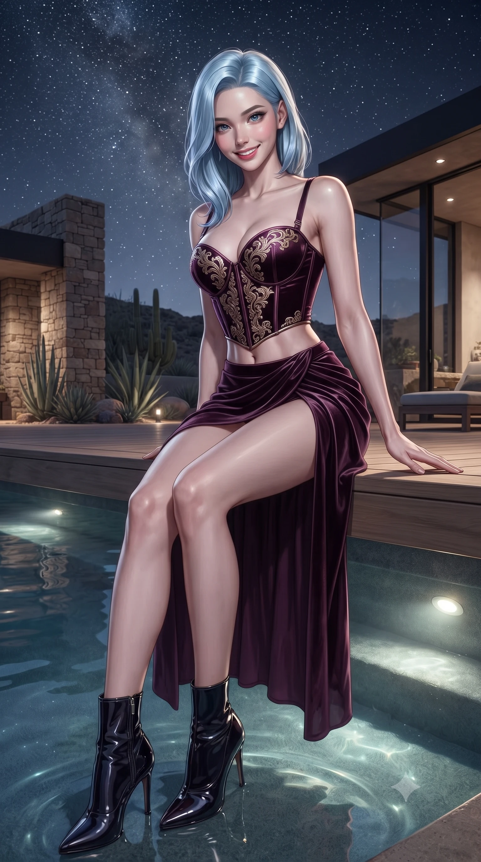 score_9, masterpiece, best quality, ultra-detailed, high-budget anime keyframe, editorial fashion photography, tasteful artistic composition, Korean woman. low angle full-body shot from head to toe showing her feet, filling the entire 9:16 vertical frame with her statuesque presence, stretching her vertical silhouette. stepping slowly toward the camera with hypnotic grace, hips swaying in an alluring sensual rhythm that accentuates her curvy hourglass silhouette and long slender legs while sitting perched on the wooden pool deck with legs dipped in water, flashing a radiant, alluring smile toward the lens. The surrounding environment is rendered in vivid detail and crisp panoramic clarity: detailed criss-cross halter crop top texture, tulip mini skirt drape, and luxury conservation architecture in razor-sharp precision. She has an exceptionally tall and slender model-like 8.5-heads proportion, an ultra-slim waist, a flat toned midriff, narrow delicate ribcage, and beautifully sculpted feminine hips creating a graceful, slim hourglass silhouette without any bulky heaviness, with impossibly long slender legs. sharp v-shaped jawline, high-bridge nose, intricate jewel-like sparkling eyes with depth, thick eyelashes, glossy parted lips with a natural peach sheen, bright cheerful beaming smile with an enchanting and coquettish sensual glint, exuding both youthful cute charm and seductive allure, flawlessly proportioned anatomical accuracy, strict slender model proportions, natural body alignment, perfectly sculpted long slender limbs, ultra-slim waistline, clean dynamic posture without body distortion. wearing a structured satin corset bustier paired with a draped high-slit wrap chiffon maxi skirt revealing her long slender legs in opulent dark velvet plum and gilded filigree, woven from buttery-soft stretch lambskin leather adhering to her body like a second skin, complemented by sleek patent leather stiletto ankle boots accentuating her long slender calves, the form-contouring silhouette accentuating her sculpted flat midriff, narrow delicate ribcage, and gracefully curvy hips with intoxicating allure. bathed in the pure, ethereal silver starlight of the desert mixed with soft underwater warm pool LEDs. ultra-reflective glossy finish, specular highlights, rich textural contrasts, high-contrast stereoscopic depth, volumetric dynamic lighting, 2k, ultra detail, master piece, 9:16 ratio