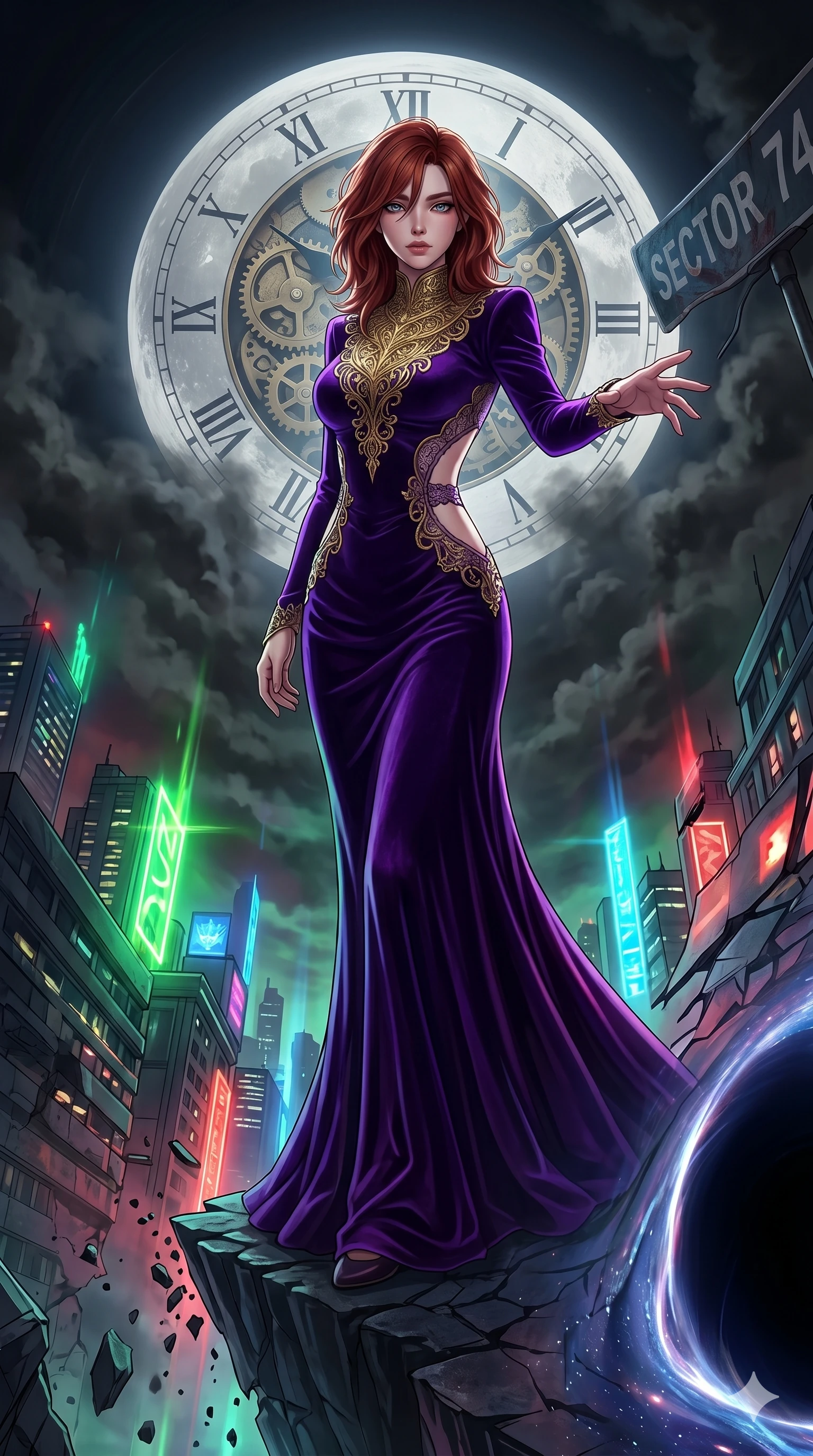 score_9, masterpiece, best quality, ultra-detailed, Set A: High-budget Anime Keyframe, Japanese woman. Low angle cowboy shot filling the entire 9:16 frame with her statuesque presence. Theme: Urban Decay. shattering the fabric of reality in the edge of a black hole, with a massive clockwork moon ticking behind her as sector 74. The atmosphere is filled with heavy smog with neon flares. She has an absolutely perfect 8-heads proportion, an exceptionally tall and slender female figure with impossibly long slender legs and an ultra-slim waist. Sharp v-shaped jawline, high-bridge nose, intricate jewel-like eyes with depth, glossy lips. Wearing Royal purple velvet gown with a massive gold-engraved neck-piece and open sides. Cinematic lighting, vivid colors, dramatic shadows, 2k, ultra detail, master piece, 9:16 ratio