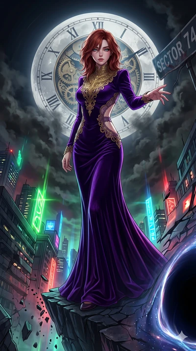 score_9, masterpiece, best quality, ultra-detailed, Set A: High-budget Anime Keyframe, Japanese woman. Low angle cowboy shot filling the entire 9:16 frame with her statuesque presence. Theme: Urban Decay. shattering the fabric of reality in the edge 