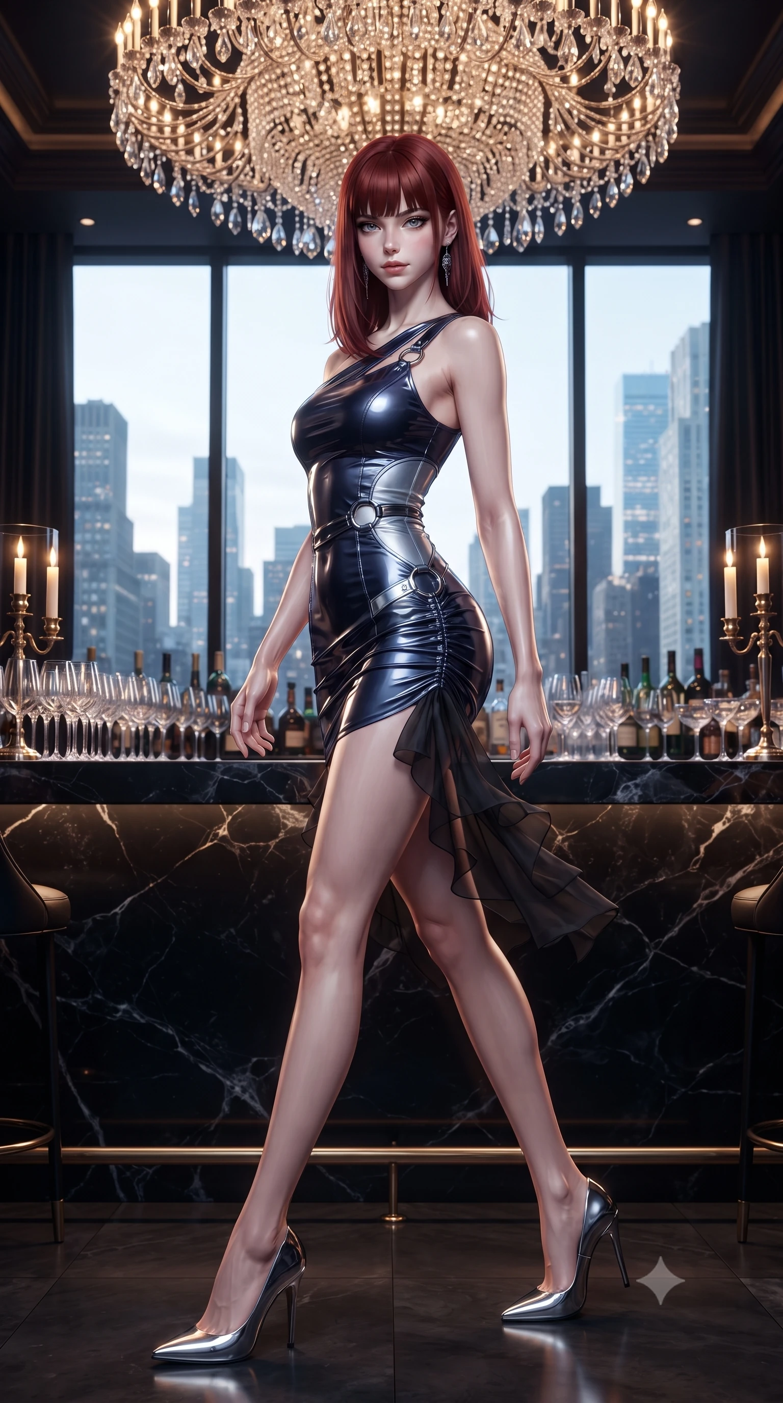 score_9, masterpiece, best quality, ultra-detailed, high-budget anime keyframe, editorial fashion photography, tasteful artistic composition, Caucasian woman. low angle full-body shot from head to toe showing her feet, filling the entire 9:16 vertical frame with her statuesque presence, stretching her vertical silhouette. pausing mid-stride beneath the grand chandelier with one hand resting on her narrow waist, her arched hips and statuesque 8.5-heads presence commanding the 9:16 vertical frame while standing poised against the backlit obsidian marble bar counter with hips cocked back, casting an intoxicating bedroom-gaze over a bare shoulder toward the camera. The surrounding environment is rendered in vivid detail and crisp panoramic clarity. detailed fabric drape, fine ice reflections in glassware, and architectural Manhattan skyline clarity in high resolution. She has an exceptionally tall and slender model-like 8.5-heads proportion, an ultra-slim waist, a flat toned midriff, narrow delicate ribcage, and beautifully sculpted feminine hips creating a graceful, slim hourglass silhouette without any bulky heaviness, with impossibly long slender legs. sharp v-shaped jawline, high-bridge nose, intricate jewel-like dark sparkling eyes with dangerous depth, thick curled eyelashes, glossy parted lips with a rich wine sheen, smoldering seductive half-smile with bedroom-eyes, exuding effortless superiority and intoxicating dark allure, flawlessly proportioned anatomical accuracy, strict slender model proportions, natural body alignment, perfectly sculpted long slender limbs, ultra-slim waistline, clean dynamic posture without body distortion. wearing a liquid-look vinyl mini dress with an asymmetric neckline and hip-defining side ruching in midnight indigo and icy platinum, crafted from layered gossamer black organza with weightless, smoky flutter, accented with sculptural chrome hardware rings framing the subtle cutouts, the liquid-tight tailored fabric clinging flawlessly to her narrow waist and rounded feminine hips, emphasizing every millimeter of her sculpted slim hourglass curves without any bulky heaviness. bathed in warm golden candle accents and dim ambient bar backlights contrasting sharply with cool midnight glass reflections. ultra-reflective glossy finish, specular highlights, rich textural contrasts, high-contrast stereoscopic depth, volumetric dynamic lighting, 2k, ultra detail, master piece, 9:16 ratio