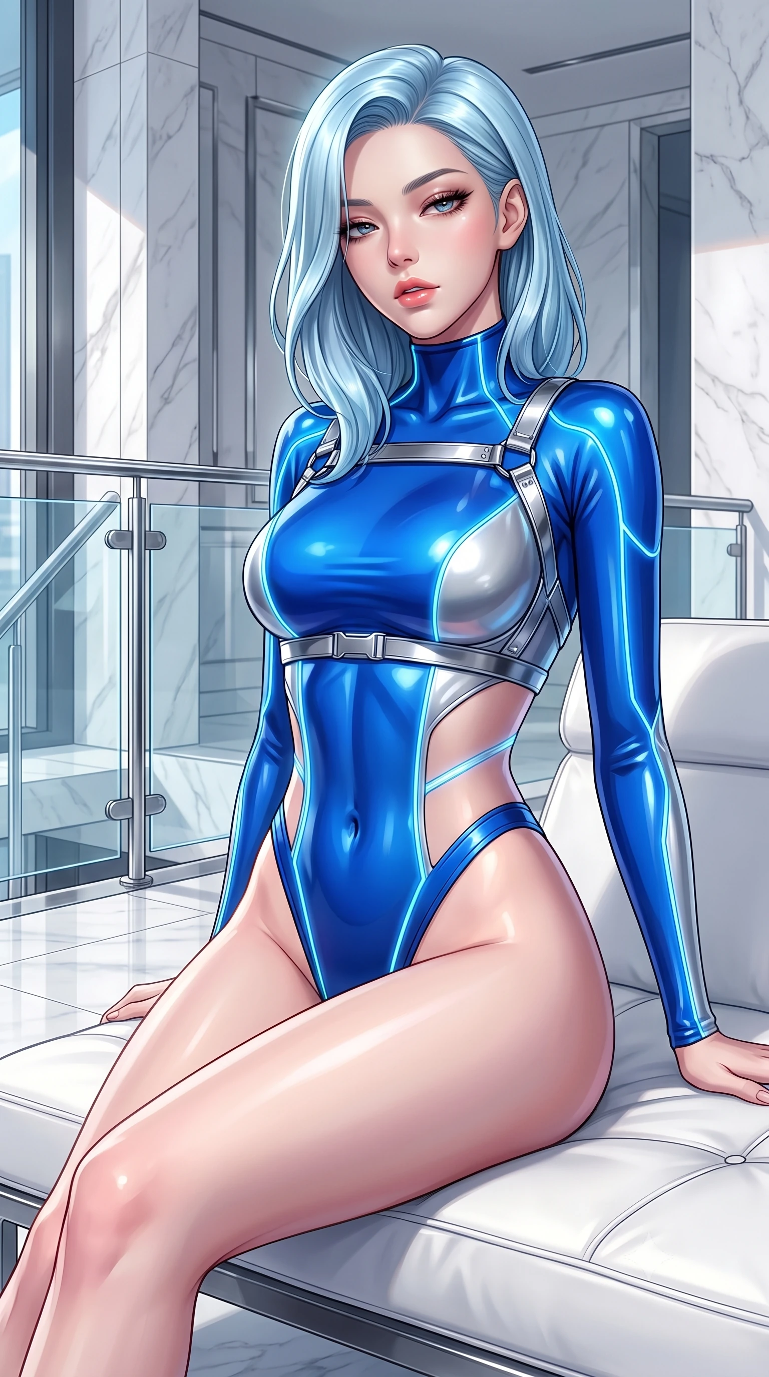 score_9, masterpiece, best quality, ultra-detailed, high-budget anime keyframe, semi-realistic 3D game render, editorial fashion photography, tasteful artistic composition, Korean woman. close-up cowboy shot from the waist and thighs up, the character dominates the composition, filling the frame with her large presence. casting a slow, smoldering gaze beneath heavy lashes with parted glossy lips, her head slightly tilted in captivating self-assurance while stretching her long slender legs along a low white leather lounger as natural daylight floods the interior. The surrounding environment is rendered in vivid detail and crisp panoramic clarity. crisp architectural white marble seams, polished chrome fixtures, and crystal glass railings in deep focus. She has an exceptionally elegant, slender, and willowy female figure with an ultra-slim waist, a gracefully sculpted slender torso, toned flat midriff, and a refined slim silhouette. sharp v-shaped jawline, high-bridge nose, intricate jewel-like eyes with depth, thick eyelashes, glossy lips with a natural sheen, flawlessly proportioned anatomical accuracy, strict slender model proportions, natural body alignment, perfectly sculpted long slender limbs, ultra-slim waistline, clean dynamic posture without body distortion. wearing a skin-tight cybernetic bodysuit with glowing neon seams, deep hip cutouts, and an aerodynamic athletic fit in liquid electric cobalt blue and polished silver, tailored from semi-translucent cybernetic vinyl with glowing micro-filaments, reinforced by a sleek metallic chrome harness and delicate glowing micro-straps, the glove-like aerodynamic second-skin fit tightly clinging to her ultra-slender waist and athletic curves without adding bulk, accentuating her razor-sharp statuesque lines and slim hourglass silhouette. surrounded by a hyper-clean, sophisticated, and ultra-chic luxury editorial aura. highly saturated vibrant anime colors, detailed shading with soft gradients, rich glossy textures, high-contrast stereoscopic depth, volumetric dynamic lighting, master piece, 9:16 ratio