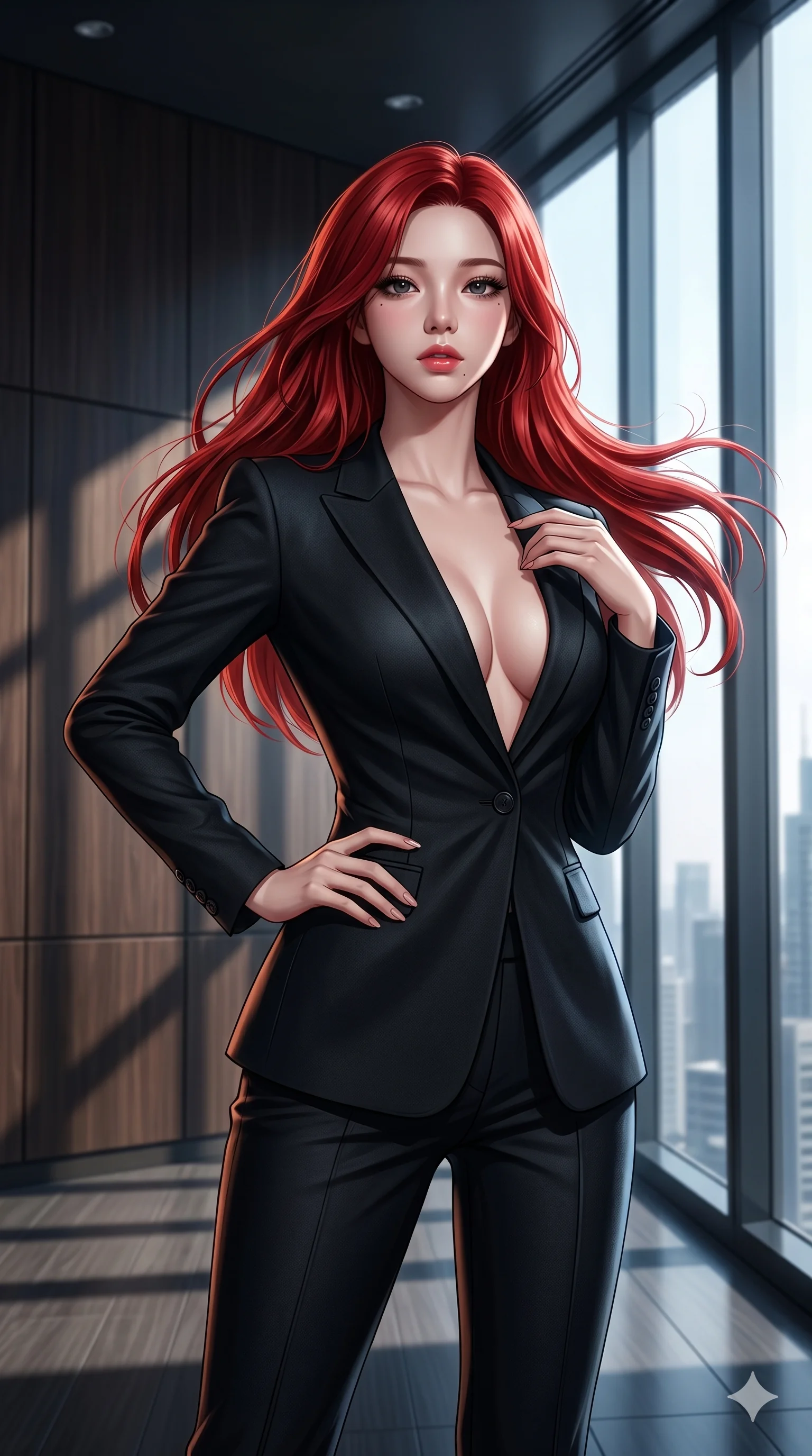 score_9, masterpiece, best quality, ultra-detailed, semi-realistic high-budget anime keyframe, an incredibly beautiful Japanese anime girl. Low angle cowboy shot filling the frame. She has an absolutely perfect 8-heads proportion, an exceptionally tall female figure with a slim-fit toned body. Her face is a highly detailed masterpiece featuring a v-shaped jawline, high-bridge nose, intricate jewel-like eyes, thick eyelashes, and glossy lips. She has vibrant red flowing hair. She is wearing a tight-fitting black tailored suit jacket with no shirt underneath, deep sensual cleavage, highlighting her alluring silhouette. Sleek corporate boardroom, cinematic window shadows, dramatic rim lighting, cinematic shadows, 2k, ultra detail, master piece, 9:16 ratio