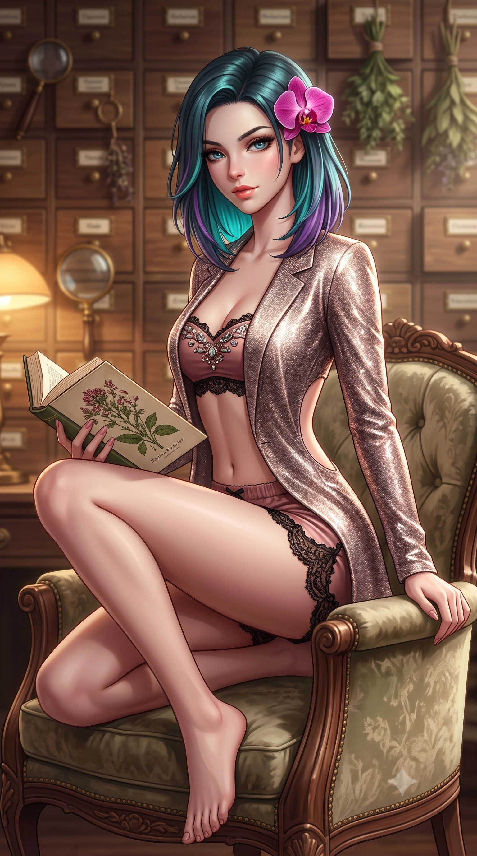 score_9, masterpiece, best quality, ultra-detailed, high-budget anime keyframe, semi-realistic 3D game render, editorial fashion photography, tasteful artistic composition, Caucasian woman. close-up cowboy shot from the waist and thighs up, the character dominates the composition, filling the frame with her large presence. perched sideways on the lounge seat, one knee drawn up to showcase her slender leg line while her arched back accentuates her feminine hip curve while perched sideways on an antique velvet armchair with legs crossed, holding a botanical illustration book with effortless intellectual allure. The background shows a soft-focus hundreds of labelled wooden herbarium drawers, vintage brass magnifying glasses, and drying herbs blurred into walnut, sage, and parchment bokeh. She has an exceptionally elegant, slender, and willowy female figure with an ultra-slim waist, flat toned midriff, narrow ribcage, and sculpted feminine hips creating an alluring, slim hourglass silhouette without bulk. sharp v-shaped jawline, high-bridge nose, sparkling eyes with hypnotic seductive depth, thick curled eyelashes, glossy parted lips with a natural dewy peach sheen, alluring bedroom-eyes with an enchanting coquettish smile, exuding magnetic siren charisma and sophisticated glamour, flawlessly proportioned anatomical accuracy, strict slender model proportions, natural body alignment, perfectly sculpted long slender limbs, ultra-slim waistline, clean dynamic posture without body distortion. wearing a tailored open-front smoking jacket worn over a jewel-embellished bandeau top and micro-shorts in dusky blush rose and antique black chantilly lace, woven from stretch metallic lurex jersey casting radiant starlight glints across her silhouette, accented with a fresh-bloomed exotic magenta orchid tucked gracefully into her dark glossy hair, the precision-cut side openings and low-back scoop framing her graceful spine and the sensual sweep of her slim, toned hips. bathed in warm 3000K desk lamp glow mixed with soft natural window daylight. highly saturated vibrant anime colors, detailed shading with soft gradients, rich glossy textures, high-contrast stereoscopic depth, volumetric dynamic lighting, master piece, 9:16 ratio