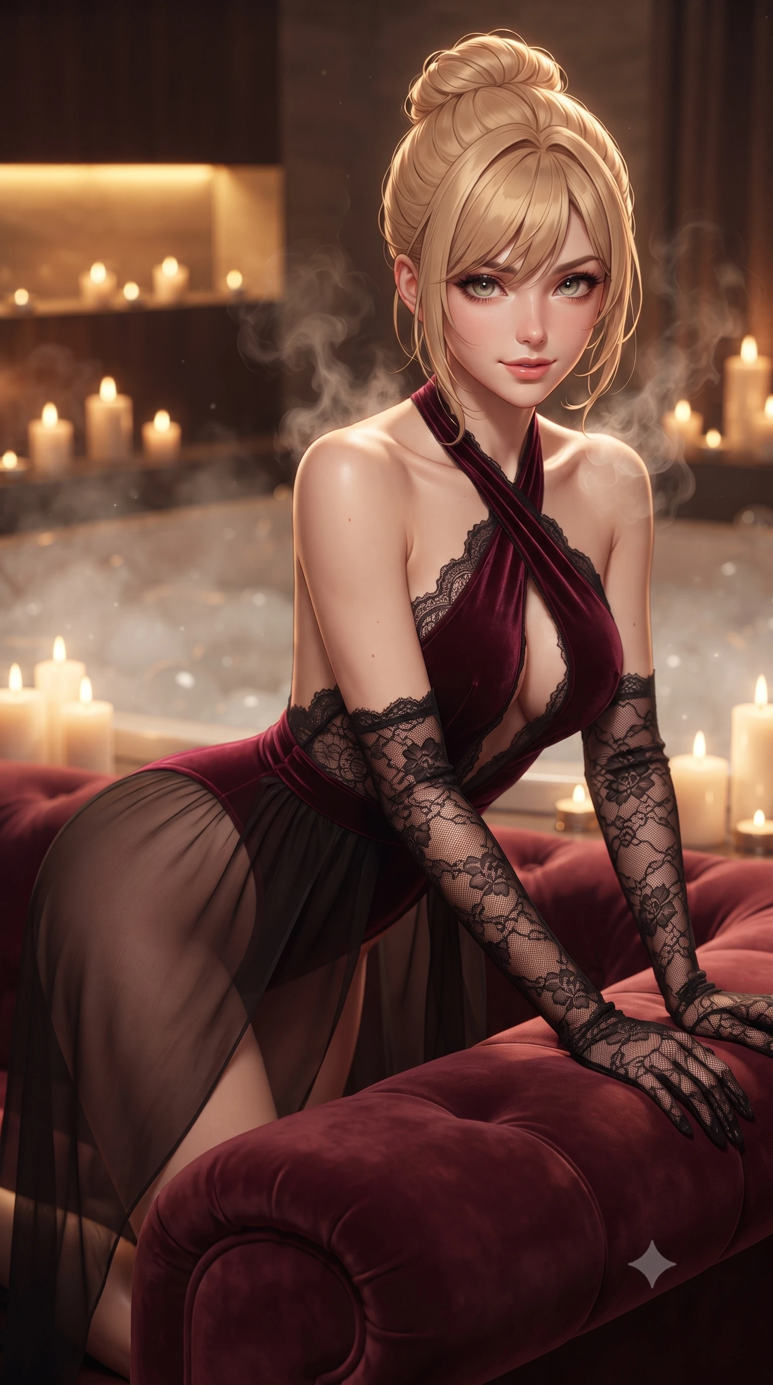 score_9, masterpiece, best quality, ultra-detailed, high-budget anime keyframe, editorial fashion photography, tasteful artistic composition, Caucasian woman. close-up cowboy shot from the waist and thighs up, the character dominates the composition, filling the frame with her large presence. leaning forward over the velvet sofa while arching her lower back to accentuate her curvy hips, looking into the camera with an intoxicating smoldering gaze and bedroom-eyes while twisting her slender torso in a flirtatious S-curve, delicate wisps of fragrant steam rising around her bare shoulders and sculpted collarbones. The background shows a soft-focus steamy hydrotherapy bubbles and soft ambient terrace lighting softened in intimate spa shallow focus. She has an exceptionally elegant, slender, and willowy female figure with an ultra-slim waist, flat toned midriff, narrow ribcage, and sculpted feminine hips creating an alluring, slim hourglass silhouette without bulk. sharp v-shaped jawline, high-bridge nose, sparkling eyes with hypnotic seductive depth, thick curled eyelashes, glossy parted lips with a natural dewy peach sheen, alluring bedroom-eyes with an enchanting coquettish smile, exuding magnetic siren charisma and sophisticated high-fashion glamour, flawlessly proportioned anatomical accuracy, strict slender model proportions, natural body alignment, perfectly sculpted long slender limbs, ultra-slim waistline, clean dynamic posture without body distortion. wearing a criss-cross halterneck keyhole bodysuit with open back and sculpted waist darts in deep bordeaux velvet and delicate black chantilly, made of sheer gossamer chiffon that drapes softly against skin with airy translucence, complemented by sheer opera-length lace evening gloves tracing her slender arms, the liquid-tight tailored fabric clinging flawlessly to her narrow waist and rounded feminine hips, emphasizing every millimeter of her sculpted slim hourglass curves without any bulky heaviness. bathed in the flickering warmth of dozens of luxury candles and hidden golden LED cove strips. ultra-reflective glossy finish, specular highlights, rich textural contrasts, high-contrast stereoscopic depth, volumetric dynamic lighting, 2k, ultra detail, master piece, 9:16 ratio